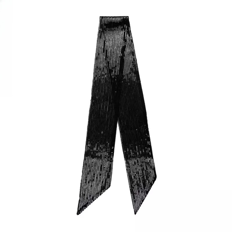 Short Scarf Tie, Black, Angled, Sequin, Hair/Bag Accessory, W3.54in*L45.28in