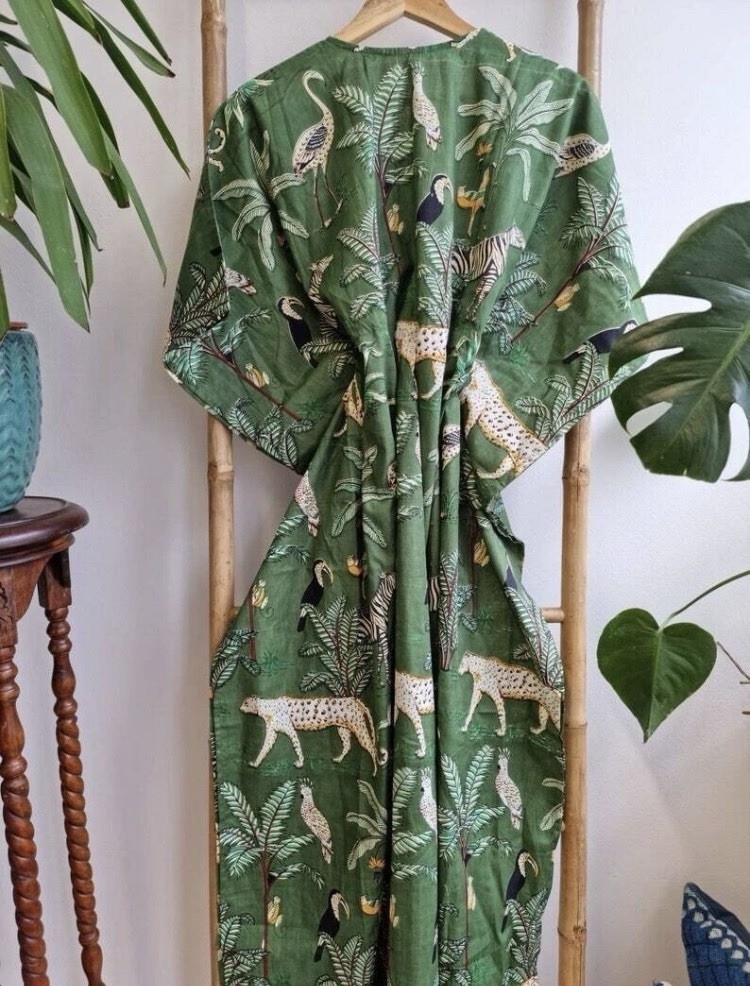 Indian Vintage 100% Cotton Long Beach Maxi Kaftan Dress One Size Caftan Kimono
