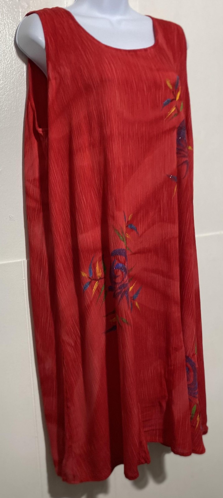 Tropical Batik Dress Womens One Size Red Sleeveless Hand Painted Floral Sundress