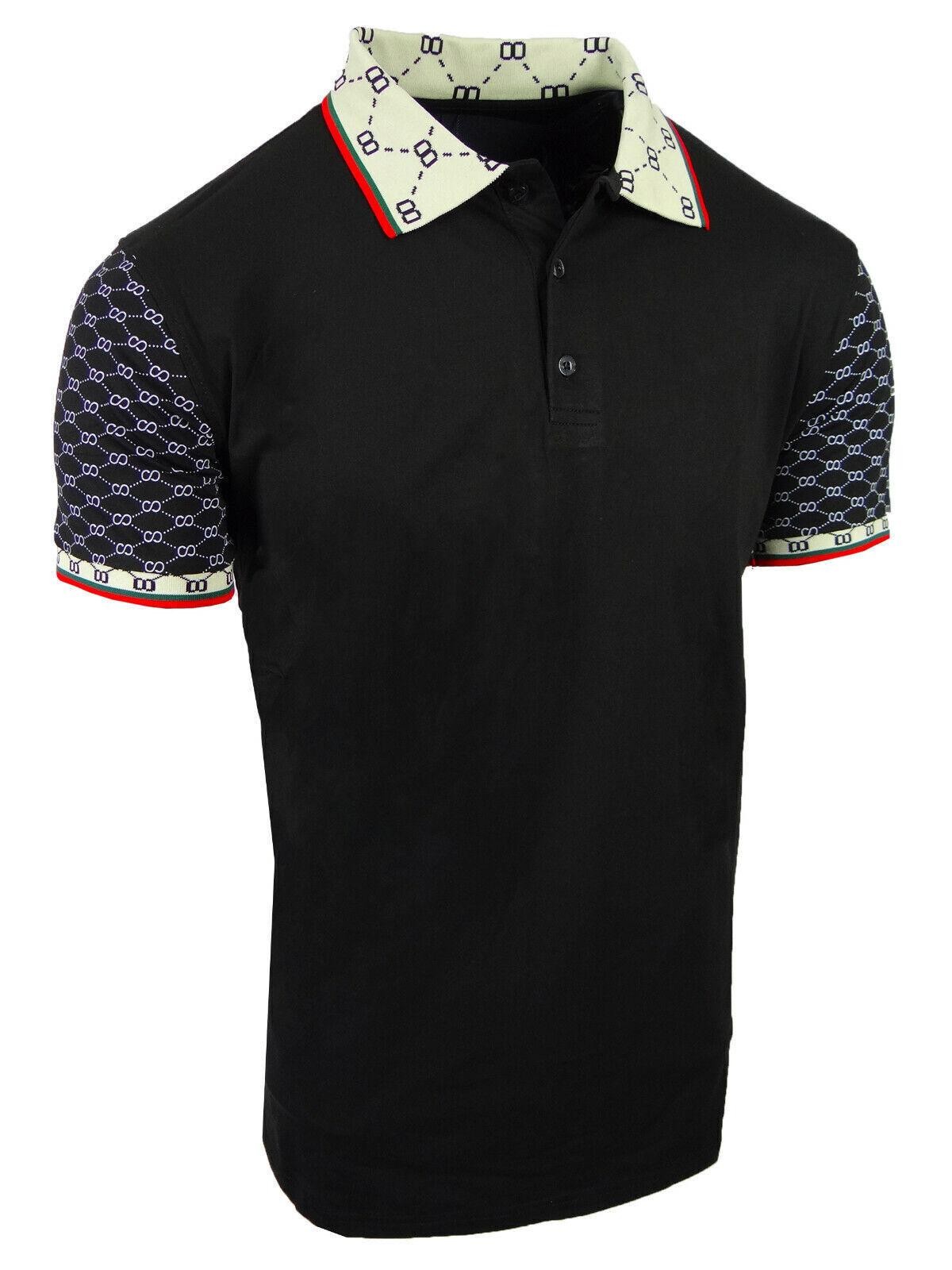 Polo Shirt Designer Print Collar and Sleeves Stretch NEW Mens Casual Dress Golf