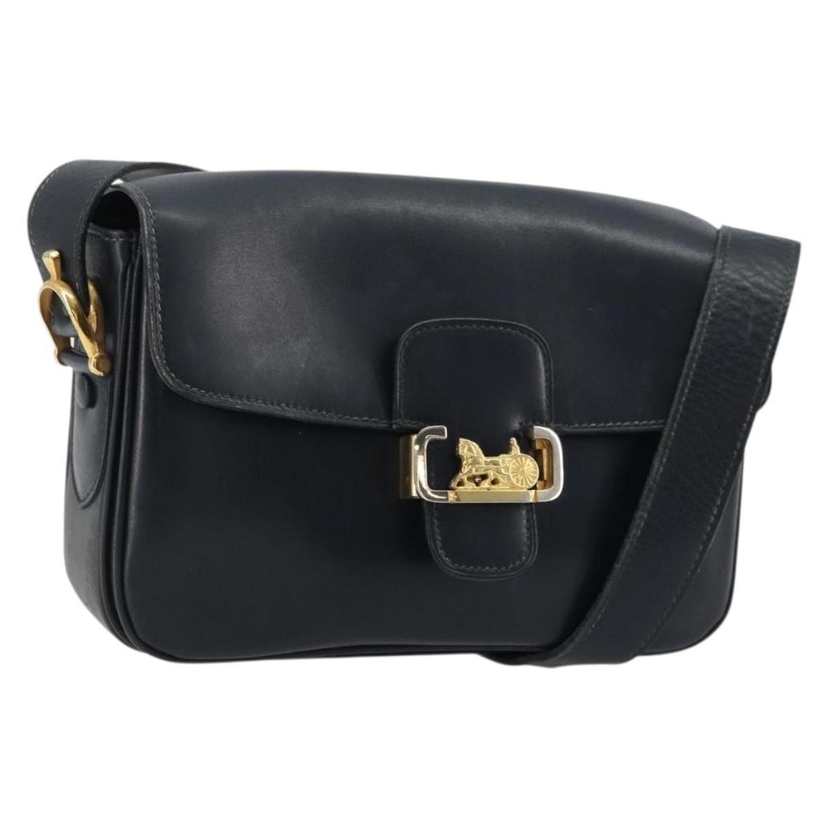 CELINE Horse Carriage Shoulder Bag Leather Navy Gold Auth YKZ1109