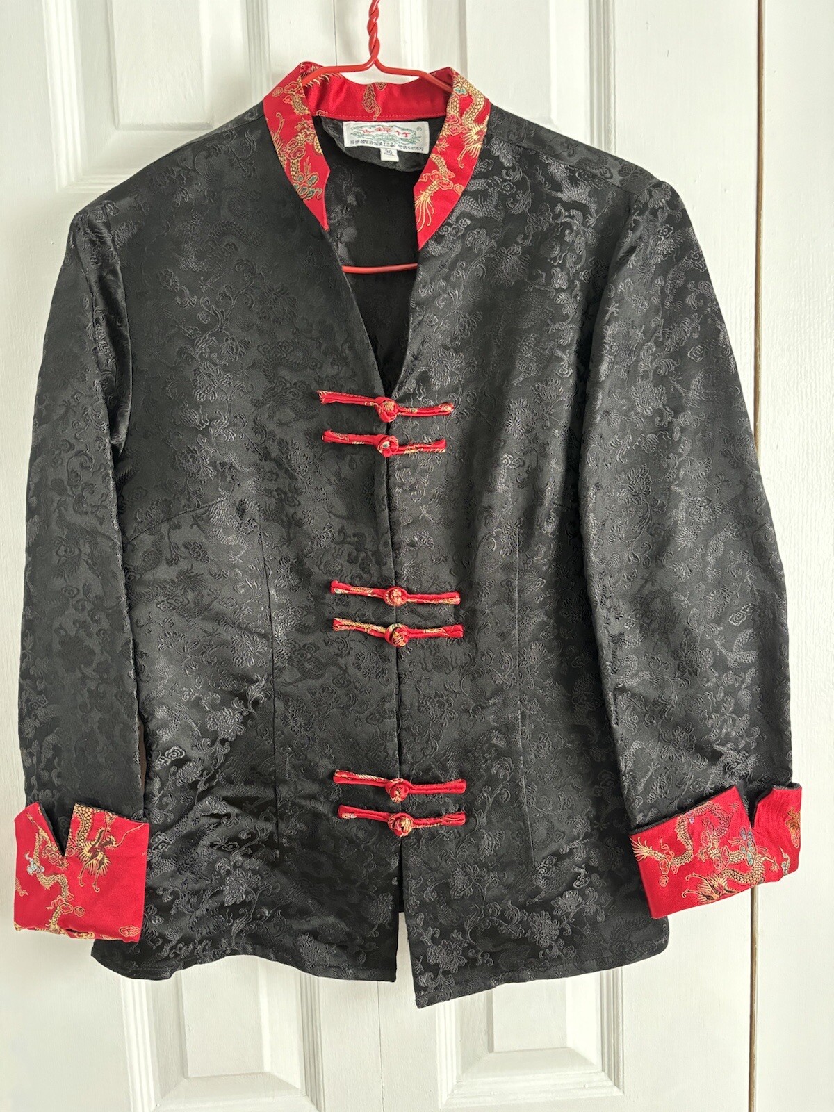 Asian Women’s Kimono Style Blazer Jacket Top Black and Red Trim Satin Size Small