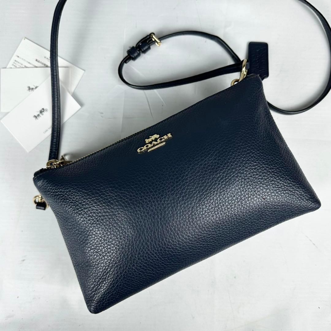 COACH Leather Shoulder Bag Layla Zipper Logo Embossed Navy