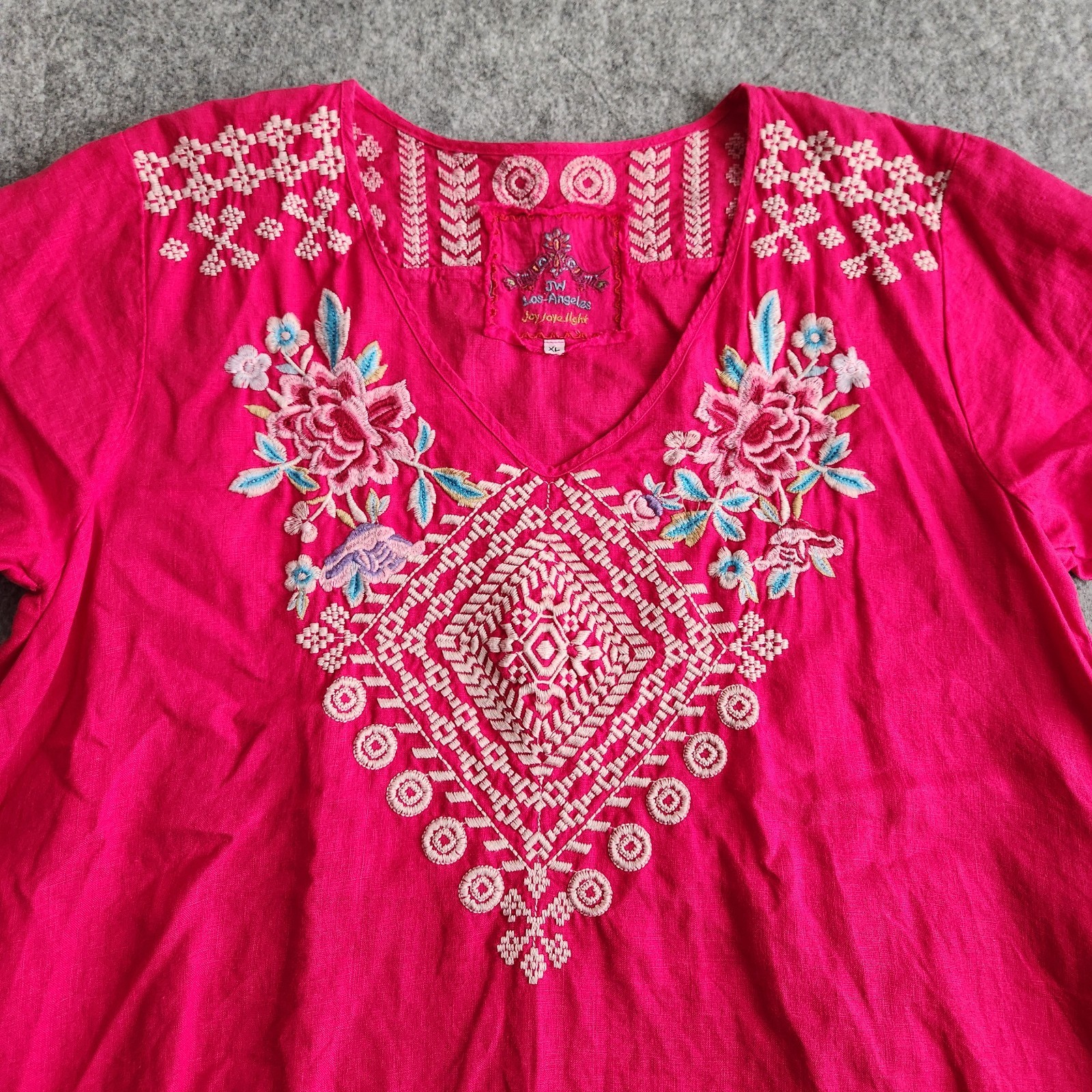 Johnny Was Floral Embroidered Blouse Tunic Top XL Hot Pink Bohemian Fiesta Indie