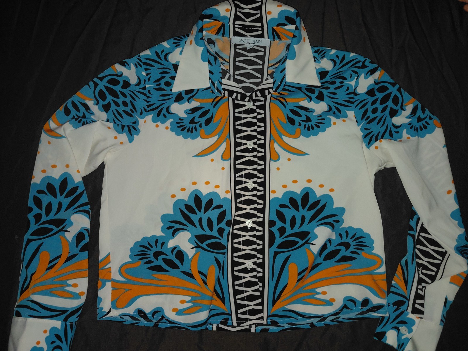 Sweet Rain Contemporary Beige/teal/orange/black Paisley Button Up Long Sleeve Sm