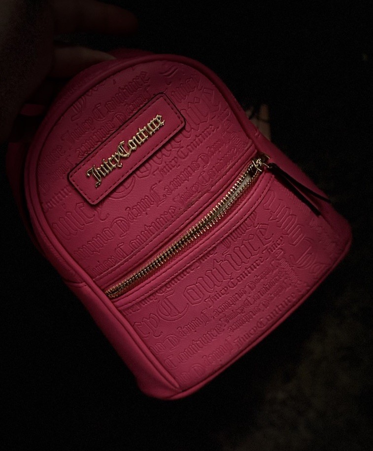 Juicy Couture Pink Logo Embossed Mini Backpack Front Zip Pocket Gold Hardware
