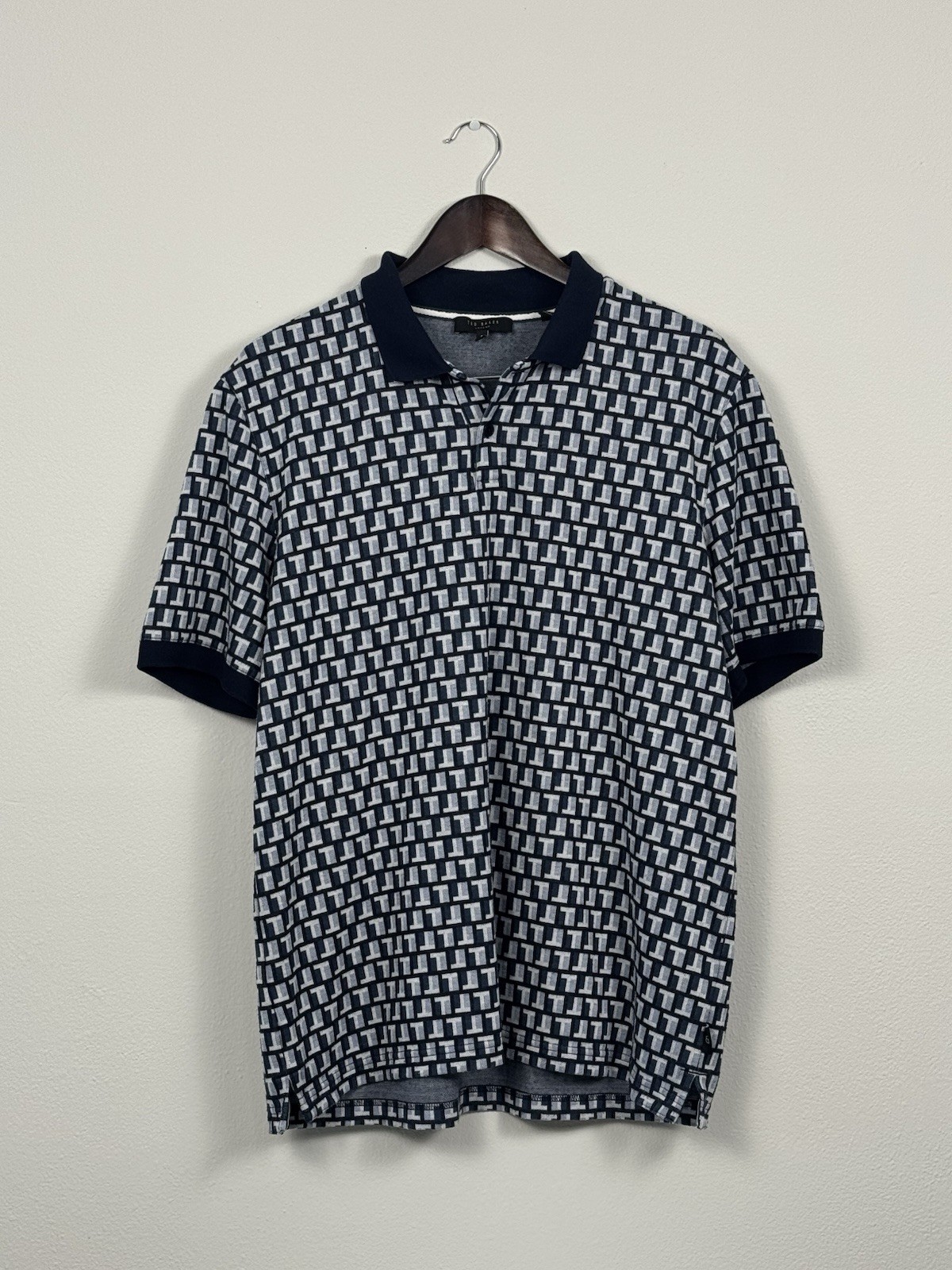 Ted Baker London Polo Shirt Mens Size 5 US XL Blue Geometric Pattern
