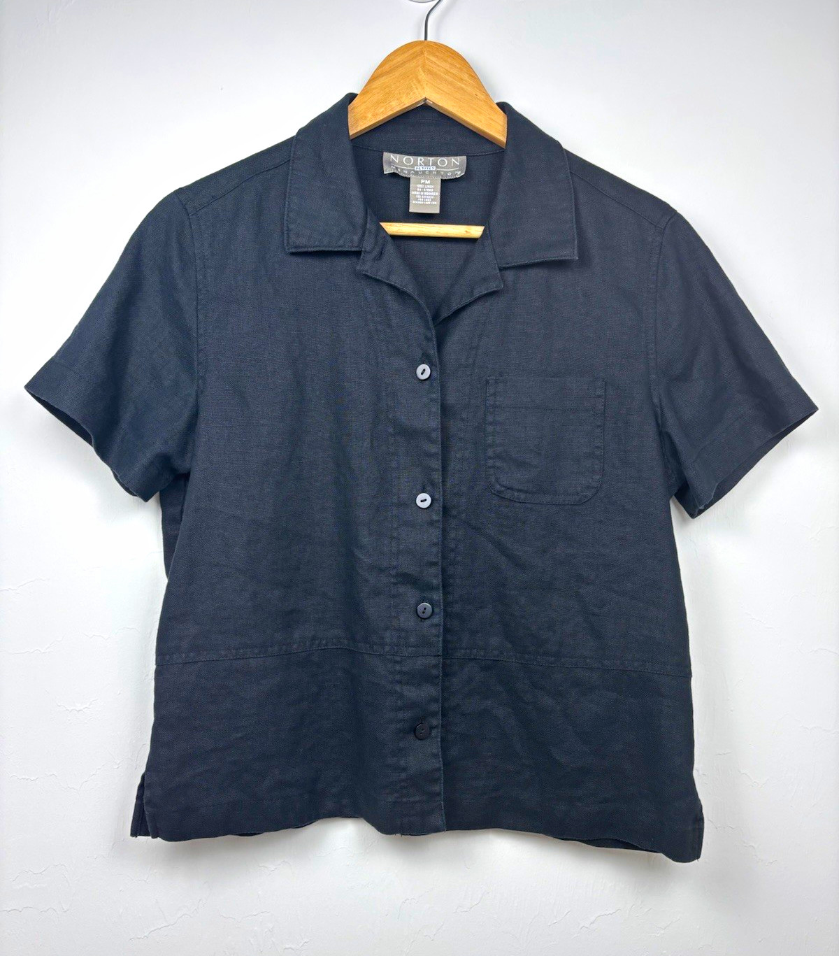 Norton McNaughton 100% Linen Woven Black Collared Button-Up Blouse PM Petite