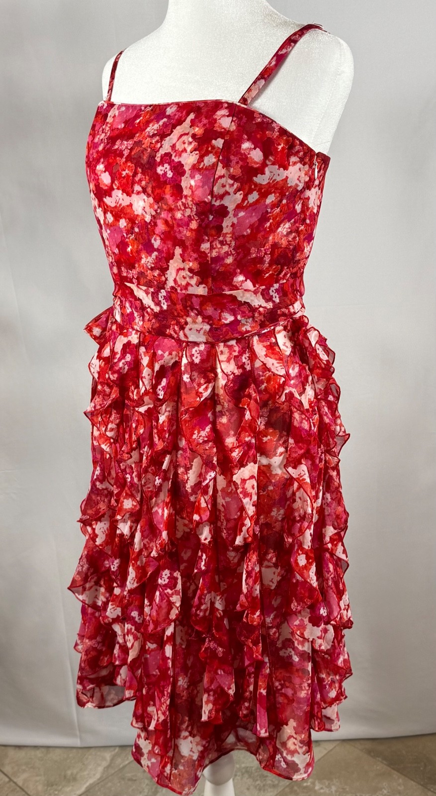 NWT White House Black Market Floral Waterfall Ruffle Chiffon Dress Pink Red Size