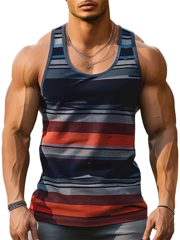 Retro Striped 3D Graphic Tank Top for Men – Sleeveless Quick-Dry Summer Vest