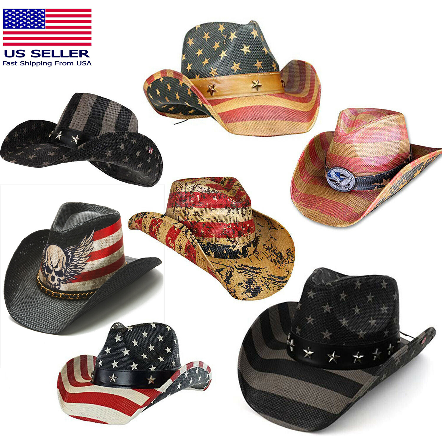 Men’s Vintage Tea-Stained USA American Flag Shape-It Brim Cowboy Hat w/ Western