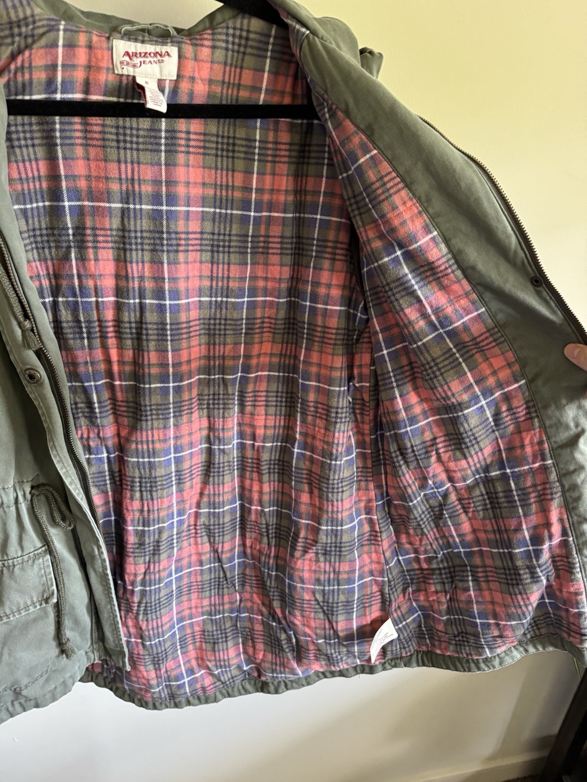 Arizona Jean Co Olive Green Utility Field Jacket Plaid Flannel Lined Size XL