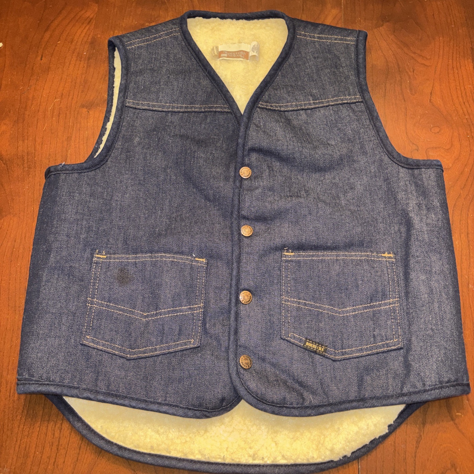 Sears Western Wear Denim Vest Mens Blue Size M Sherpa Lined Dark Wash Vintage