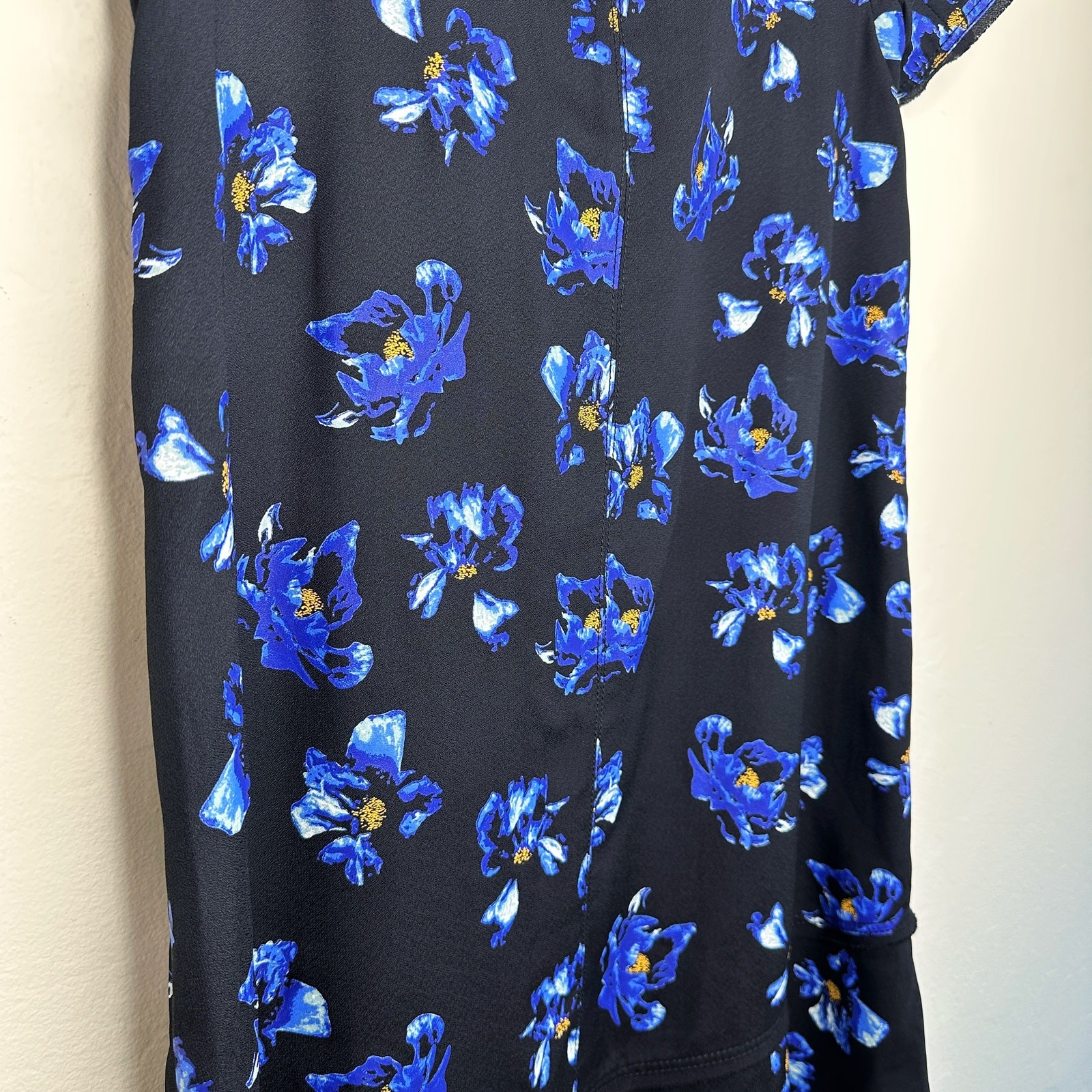 Proenza Schouler Floral Print Blue Black Tie Back Short Sleeve Mini Shift Dress