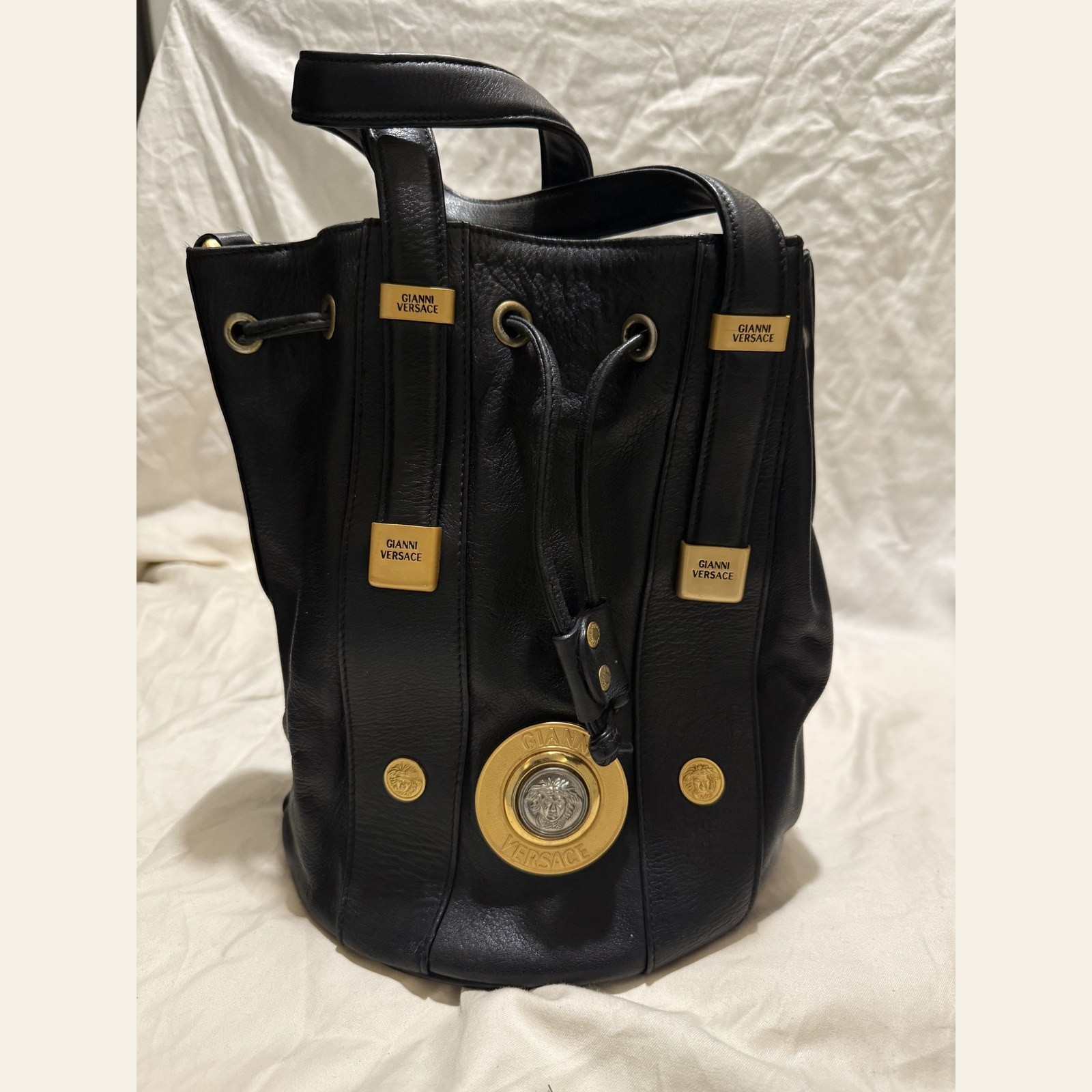 Gianni Versace Medusa Leather Drawstring Bucket Bag Black Vintage 1990s Auth