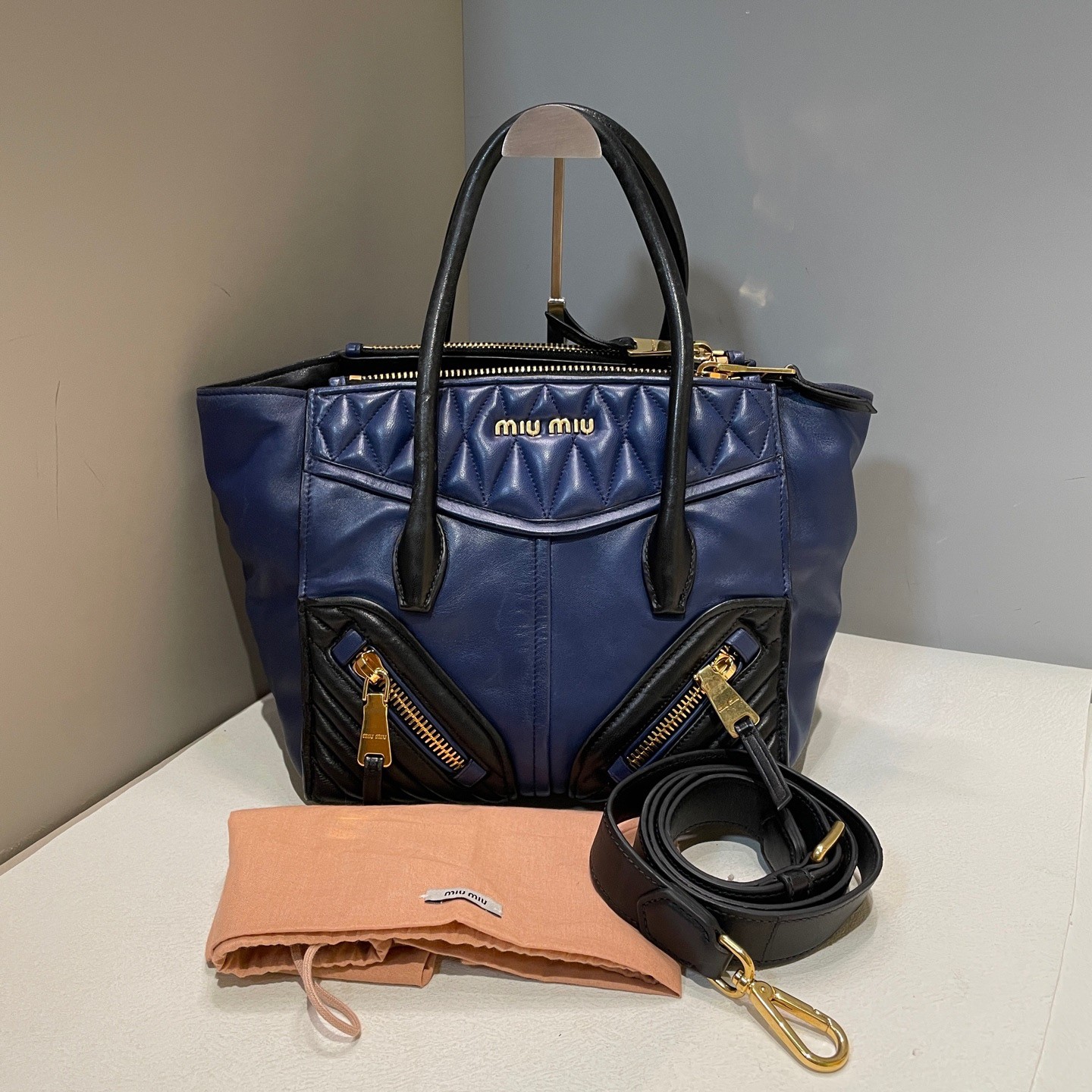 Miu Miu Quilted Leather Navy Large Top Handle Crossbody Bag