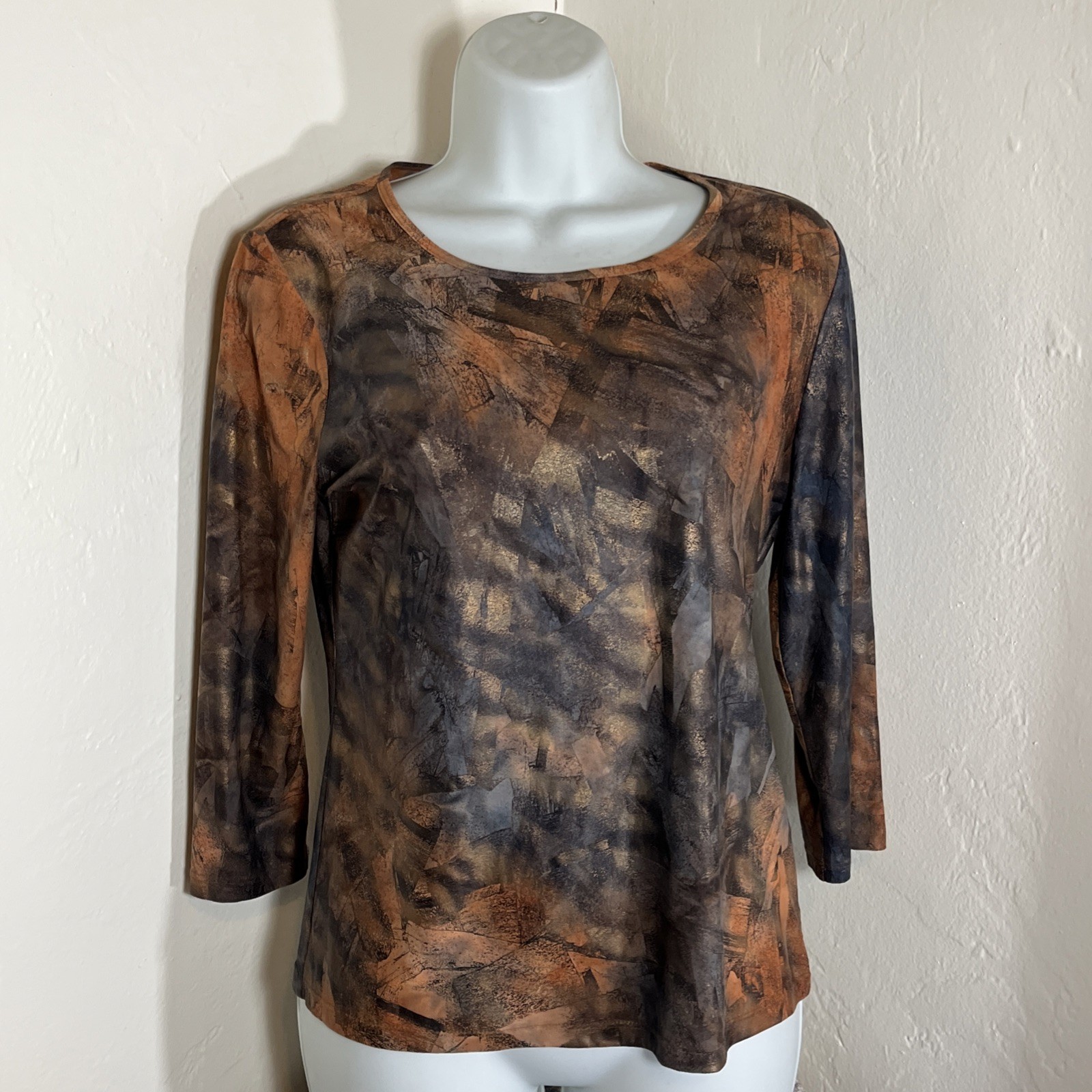 Vintage Nygard Collection Top Women Size Small Brown Abstract Stretchy Career