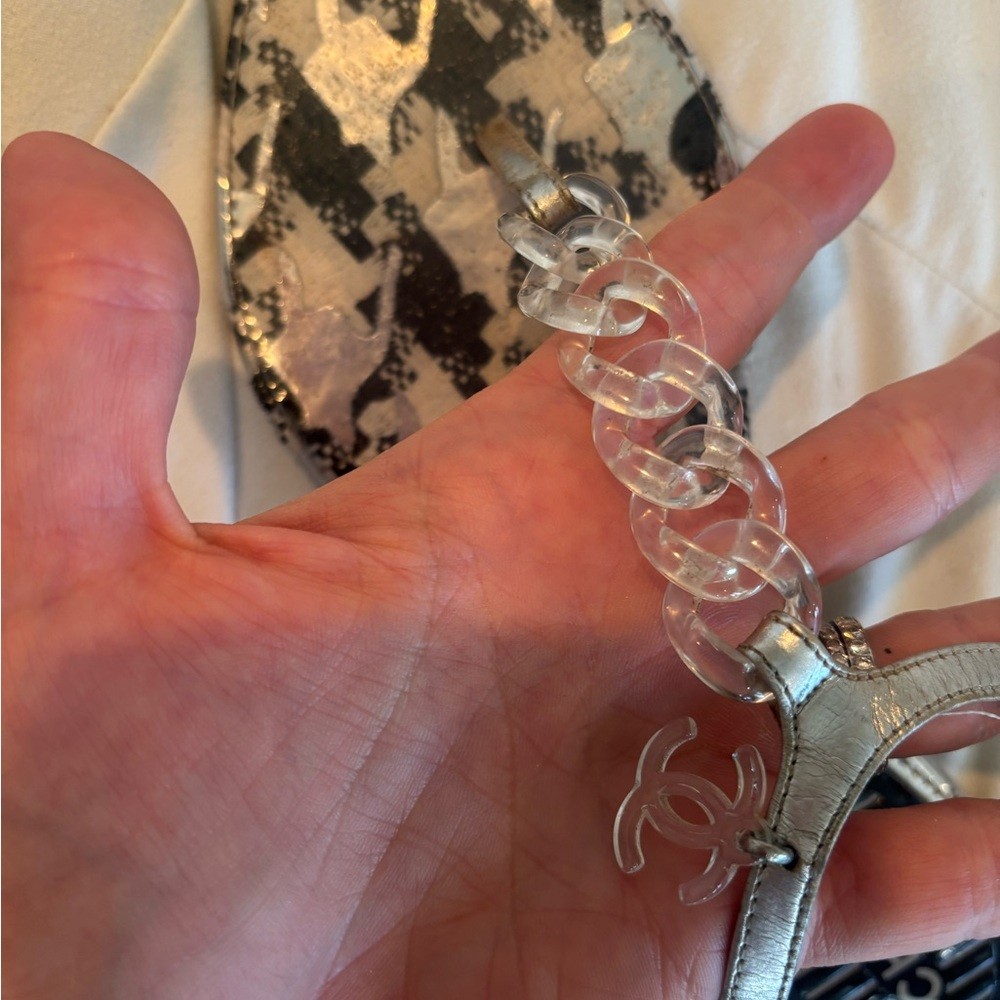 CHANEL Silver T-Strap Sandals with Clear Lucite Chain , Size 35