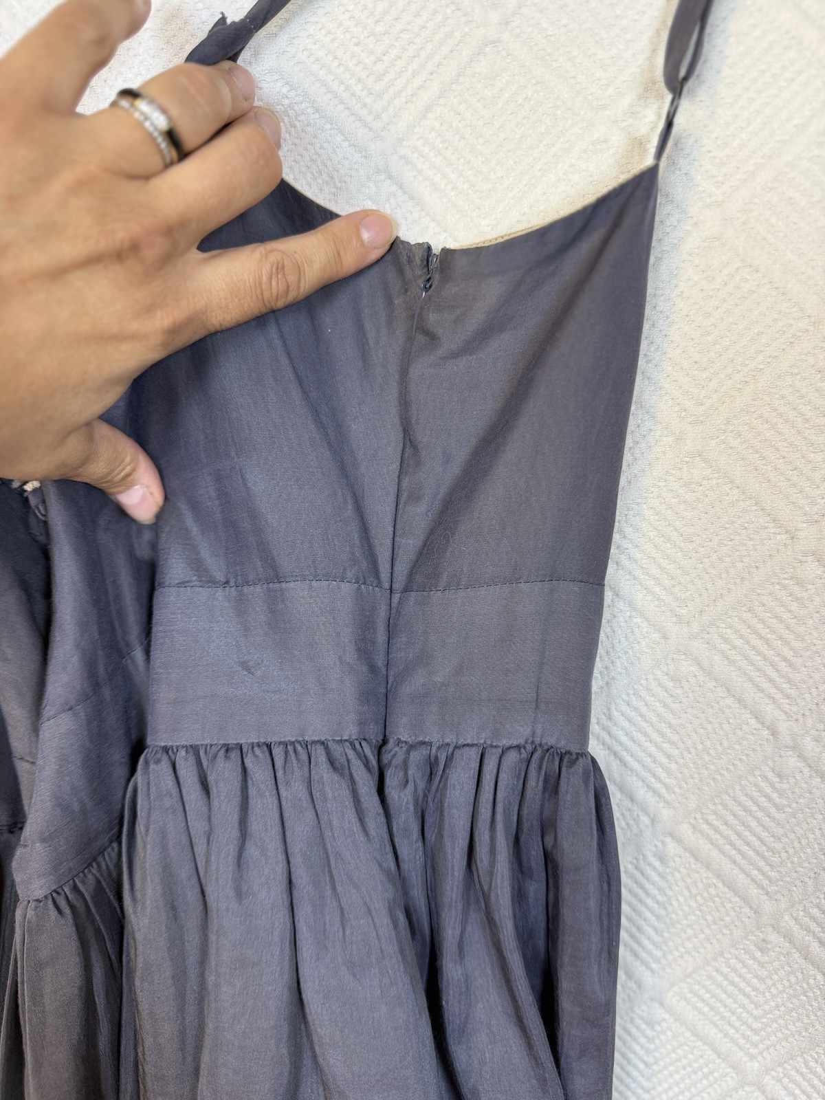 Burlapp Fit-and-Flare Grey Blue Silk Cotton Eyelet Dress Ruffled Bodice 4 Party