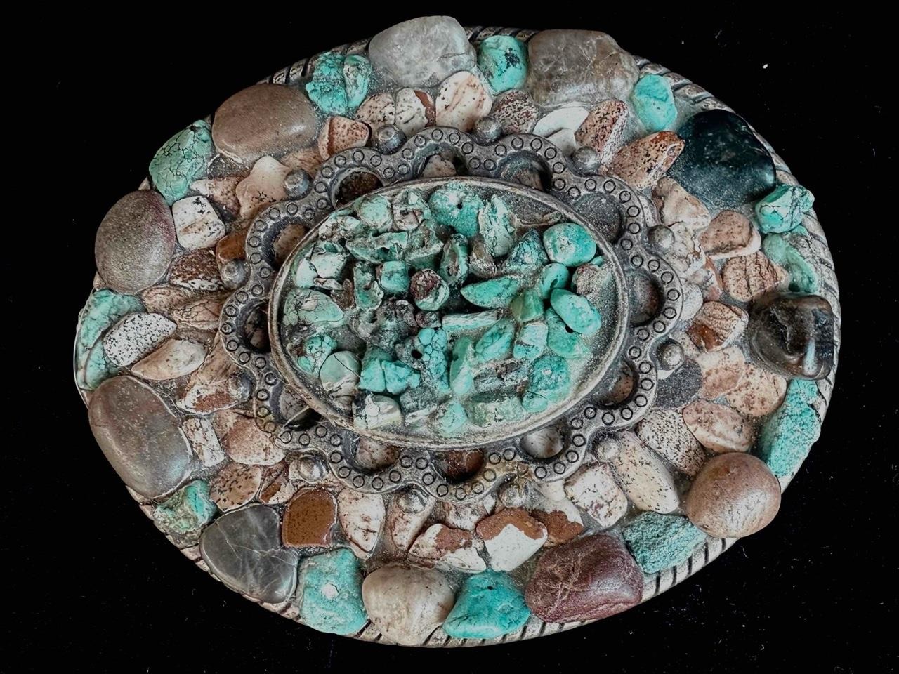 Chunky Turquoise & Stone Belt Buckle Twisted Rope Edge Marked: E – Made In Spain