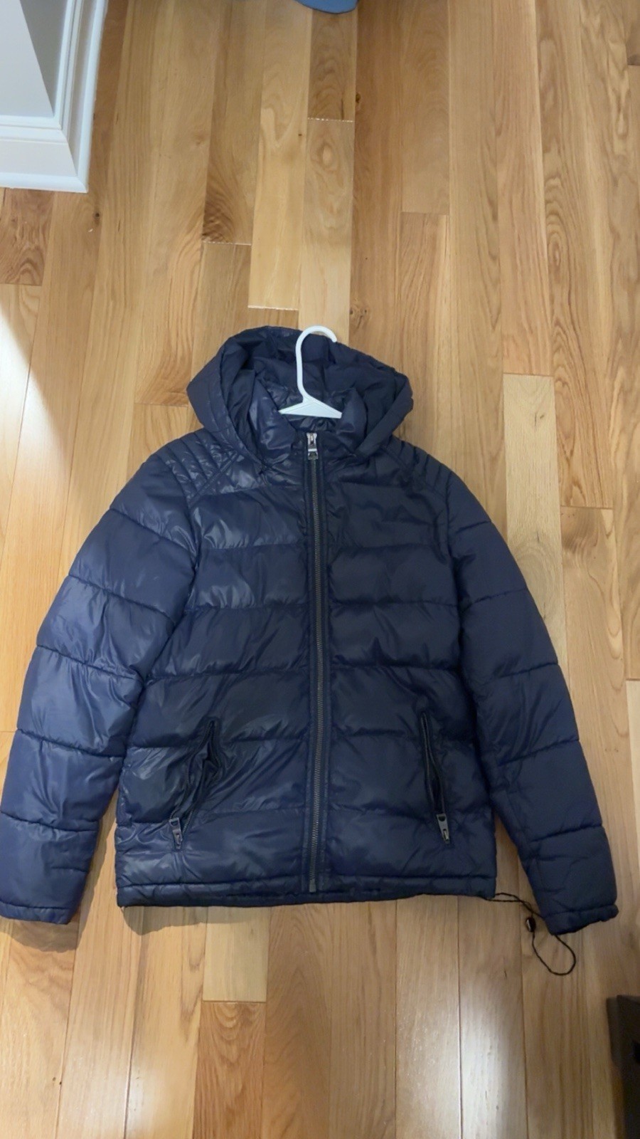 GUESS Men’s Hooded Puffer Jacket Navy Blue Quilted Full Zip Size M