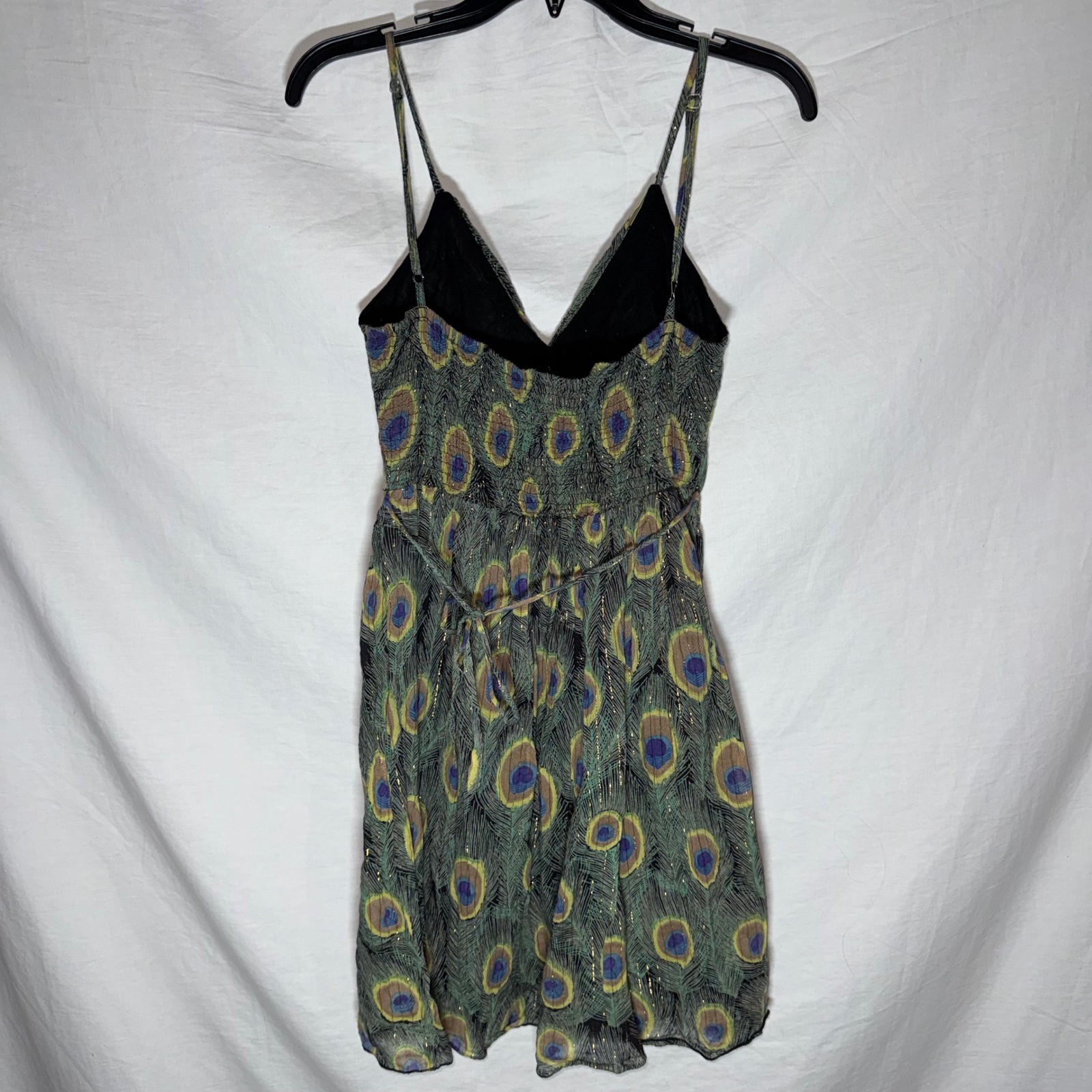 Pura Vida Peacock Feather Print Mini Dress Gold Metallic Cotton Green Blue Sz 6