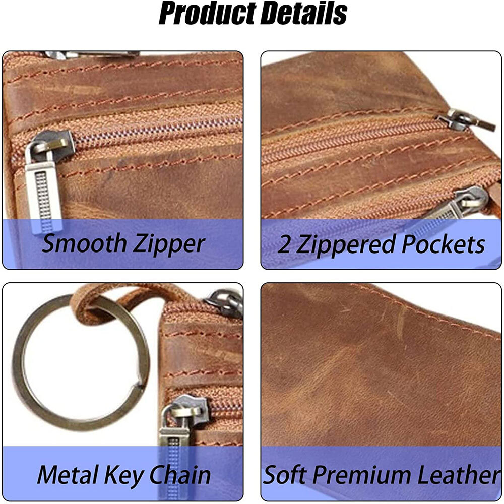 Brown Genuine Leather Small Coin Holder Change Purse Zipper Key card Wallet USA