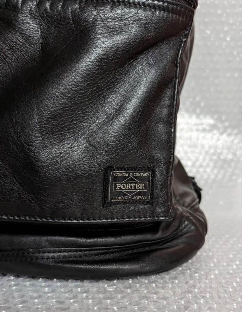 PORTER Tanker Leather Backpack Black Nylon Lined Zip Military Men Japan 43cm