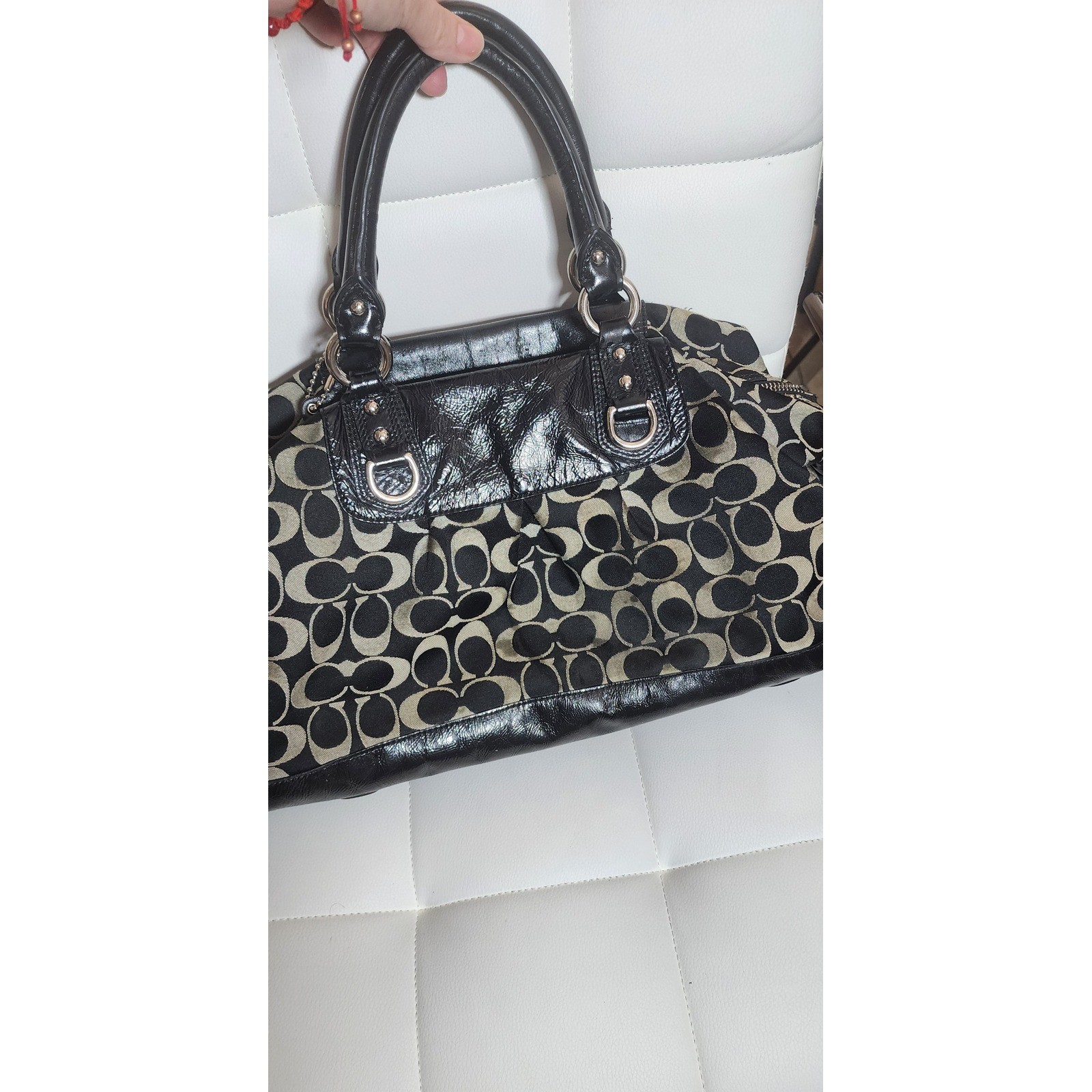 Coach Ashley Signature Satchel Black Grey Jacquard Patent Leather Bag F15440