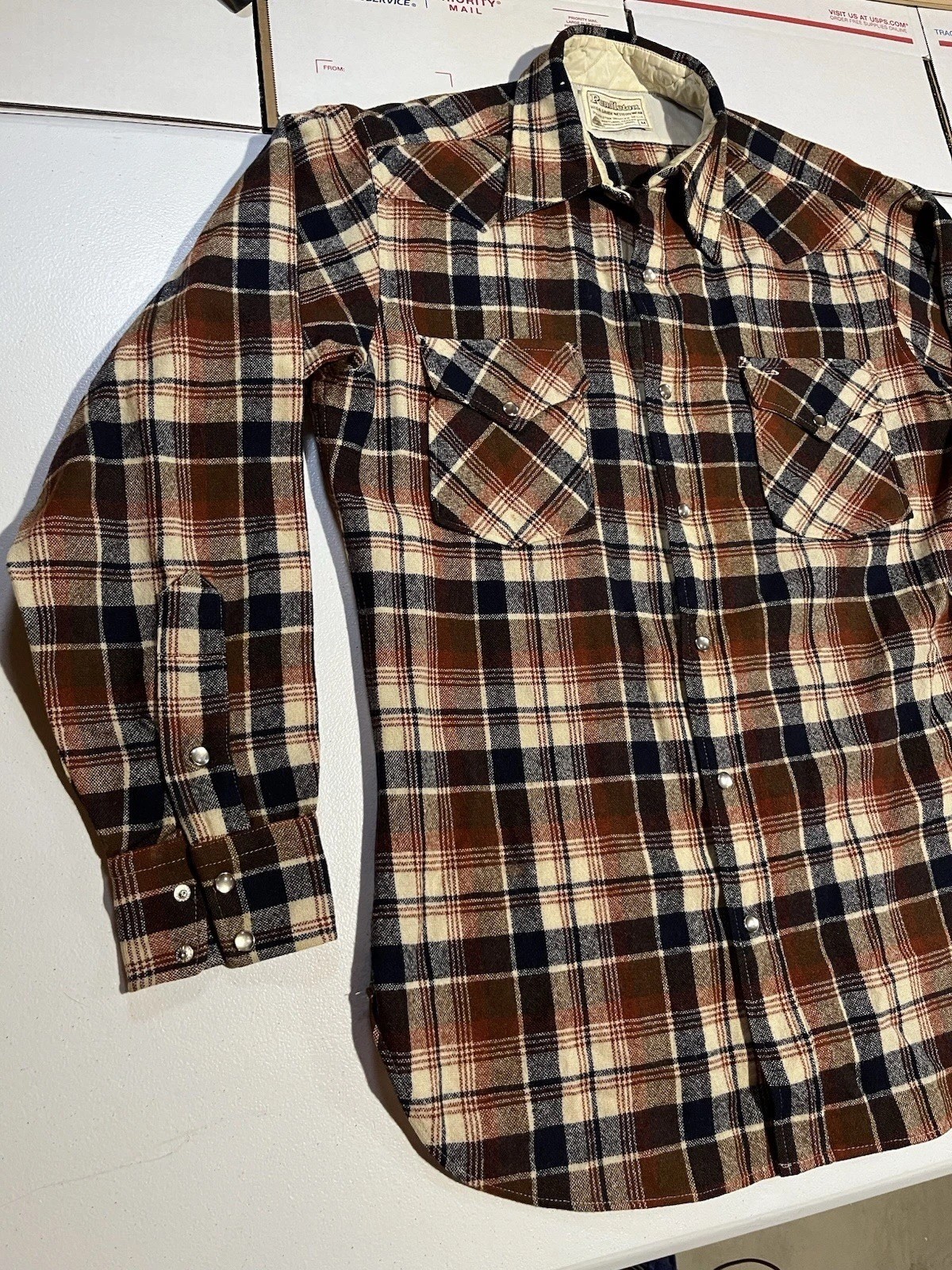 vtg Pendleton Wool Pearl Snap Plaid Western Shirt Mens M Brown Blue Tan Flannel