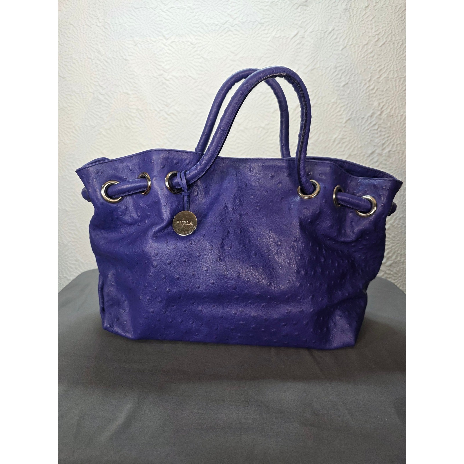 Furla Carmen Satchel Bag Women Medium Purple Excellent Ostrich Embossed Leather