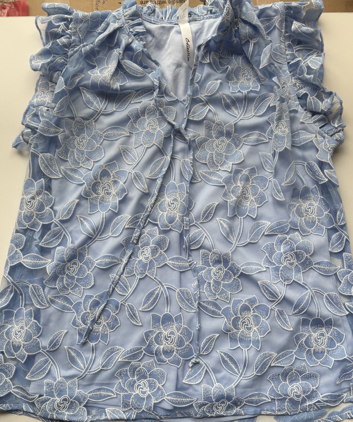 A Blue Garden Party Floral Ruffle Lace Overlay Boho Chic Blouse, Flutter Sleeves