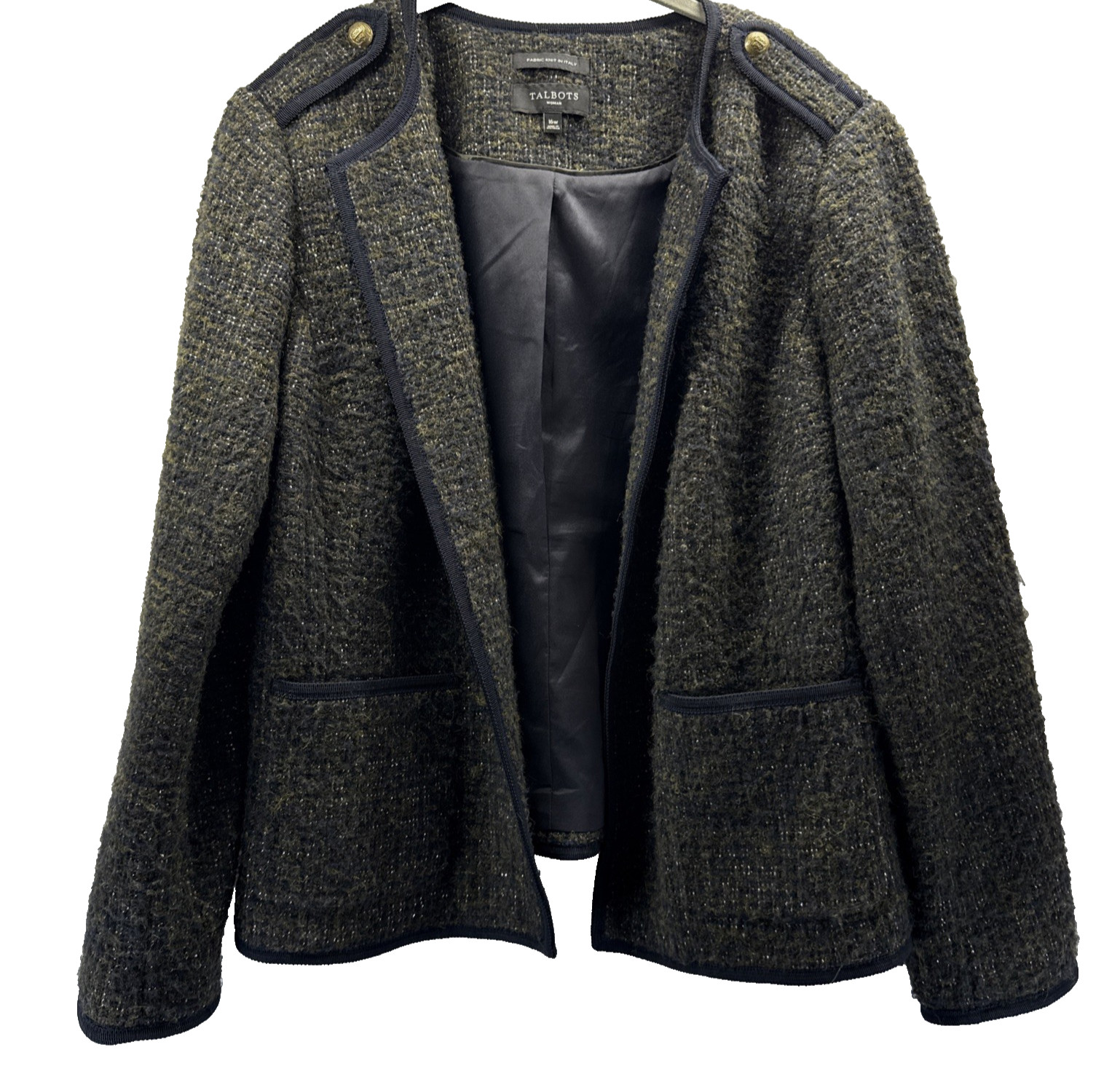Talbots Wool Blend Italy Blazer Sz 16W Metallic Threads Black Pockets Military