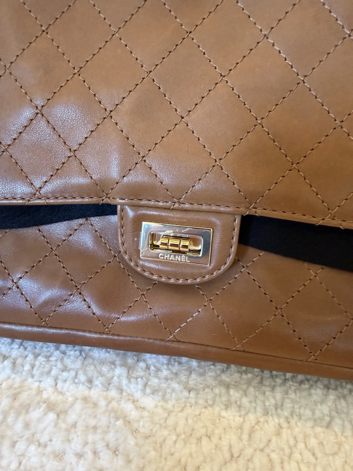 CHANEL Brown Quilted Flap Shoulder Bag Turn Lock Gold Chain Medium w/Box