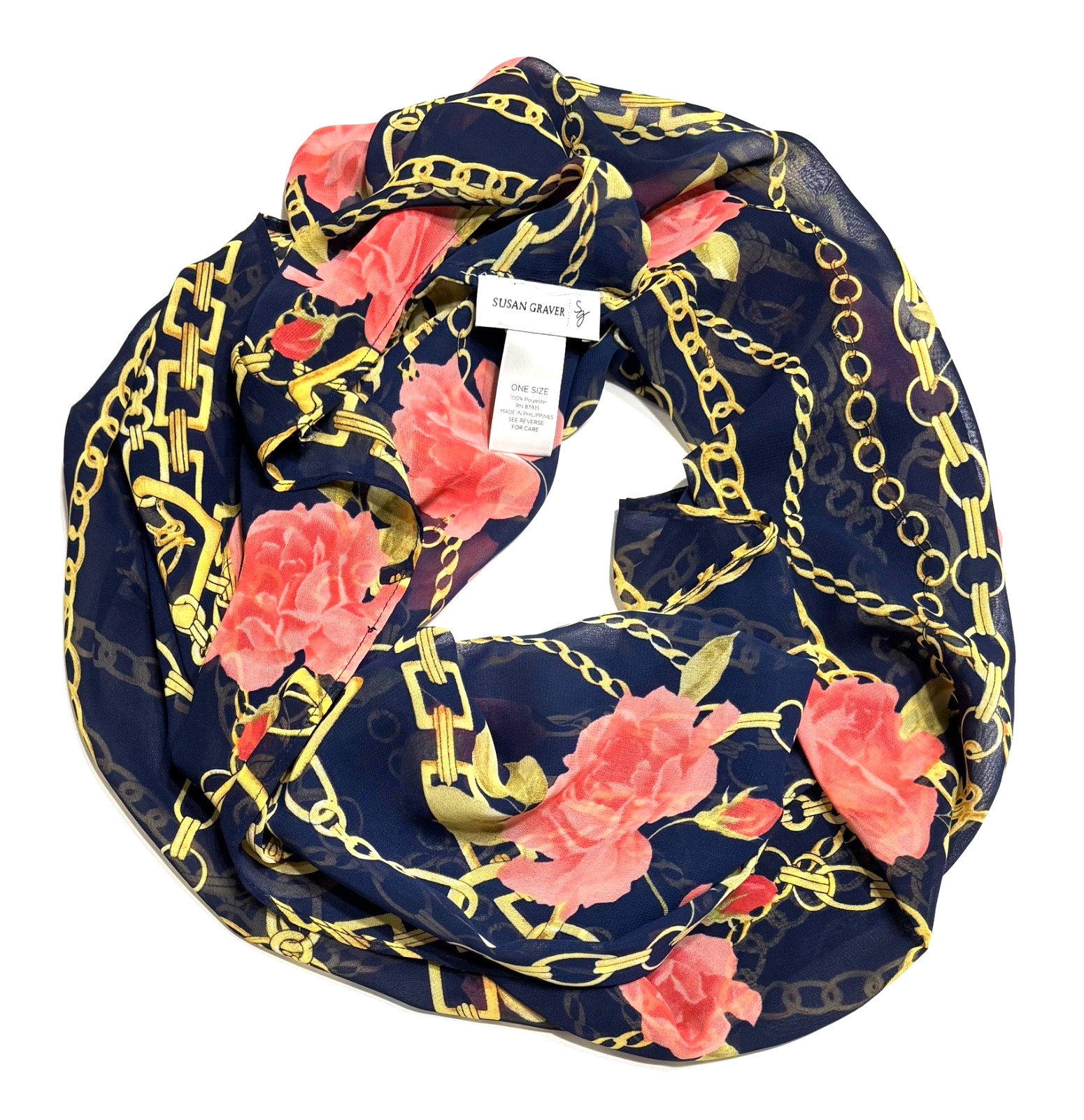 Susan Graver Infinity Scarf Navy Blue Background Pink Roses Chains 17×78 Inches