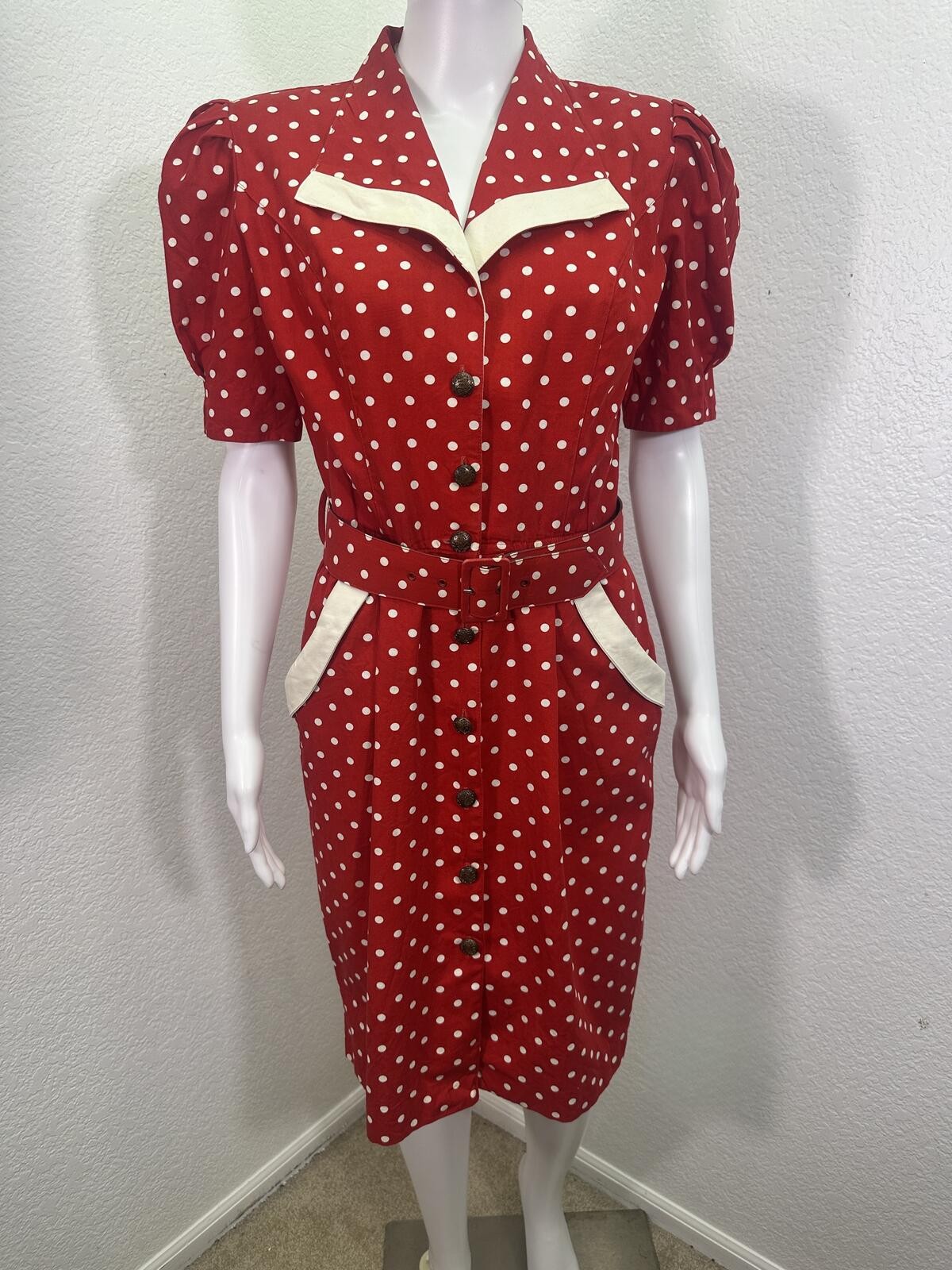 VTG 1980s Women’s Sz M Red Polka Dot Wiggle Retro Cotton Dress Pinup Rockabilly