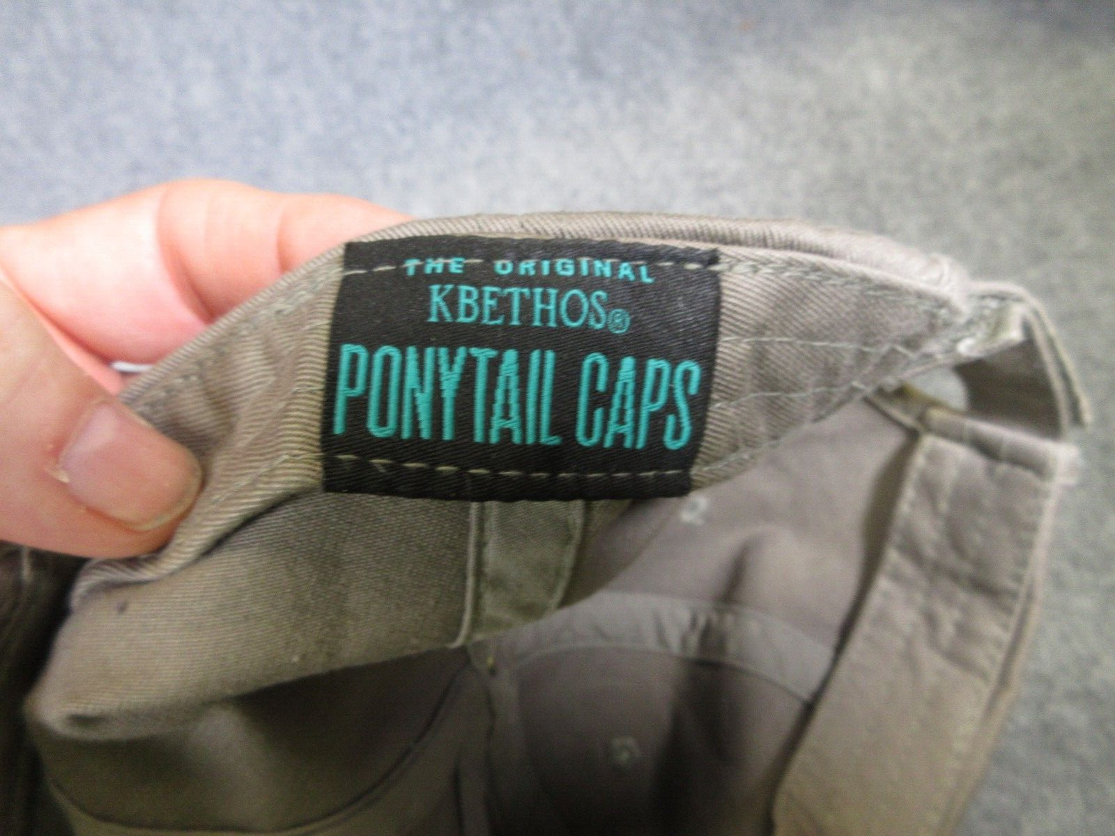 Kbethos Ponytail Hat Cap Hook And Loop Strap Back Gray Distressed Womens NEW NWT