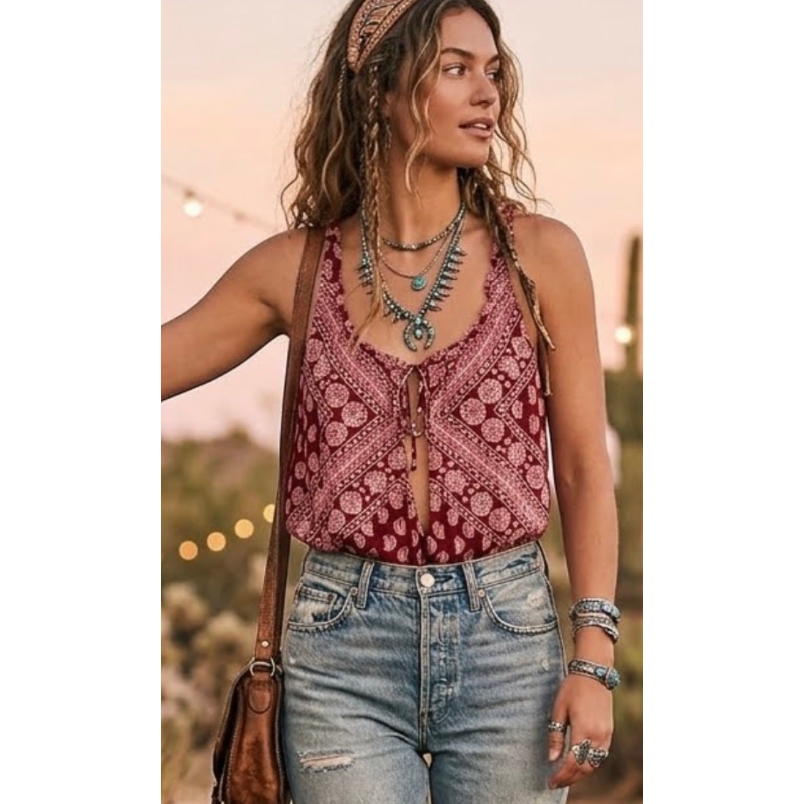 Free People Intimately Bordeaux/Wine Paisley Plunge Tie Neck Bodysuit LARGE NWT