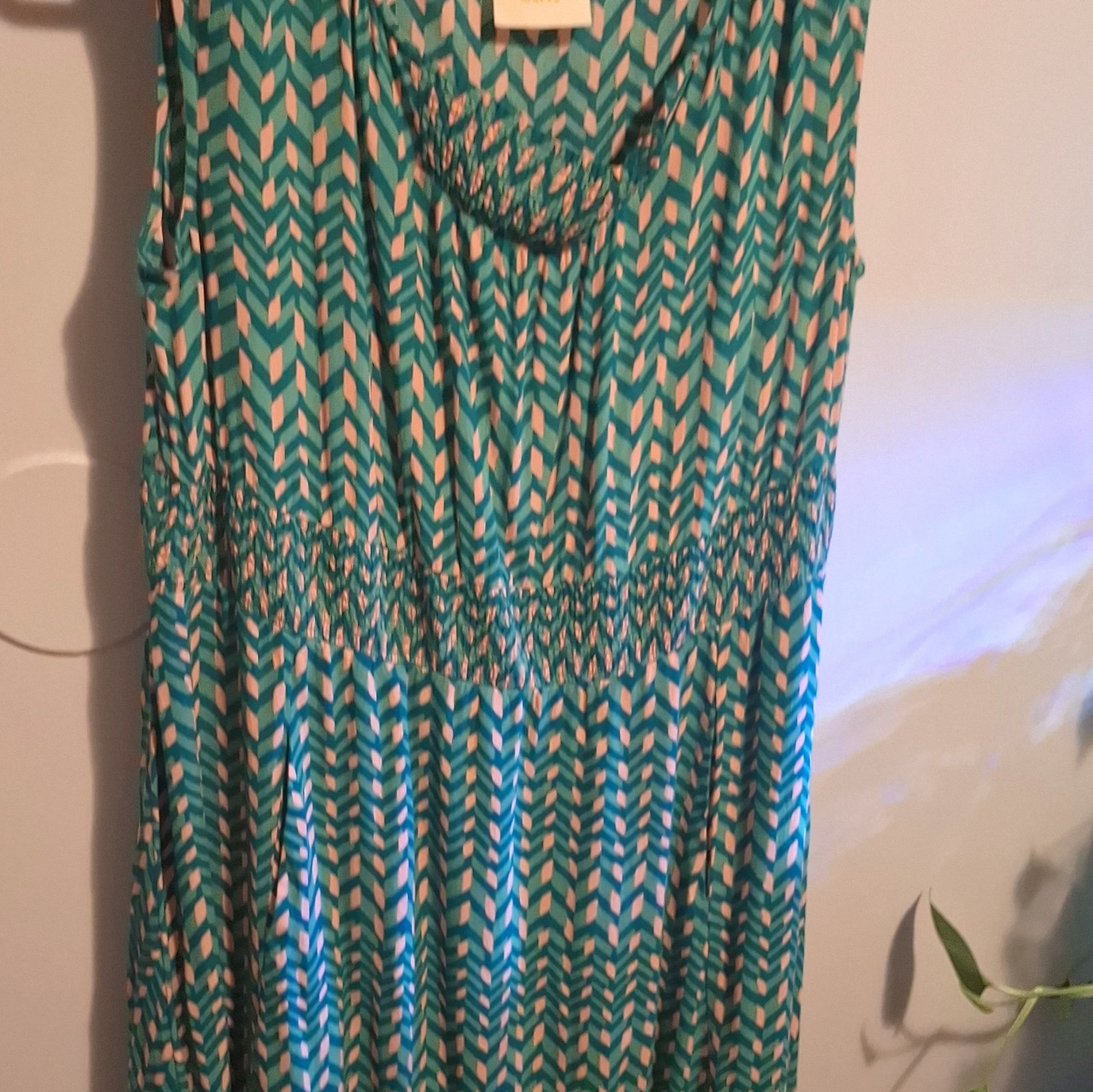 Maeve Green Pink Geometric Scoop Neck Smocked Lined Long A-Line Dress M