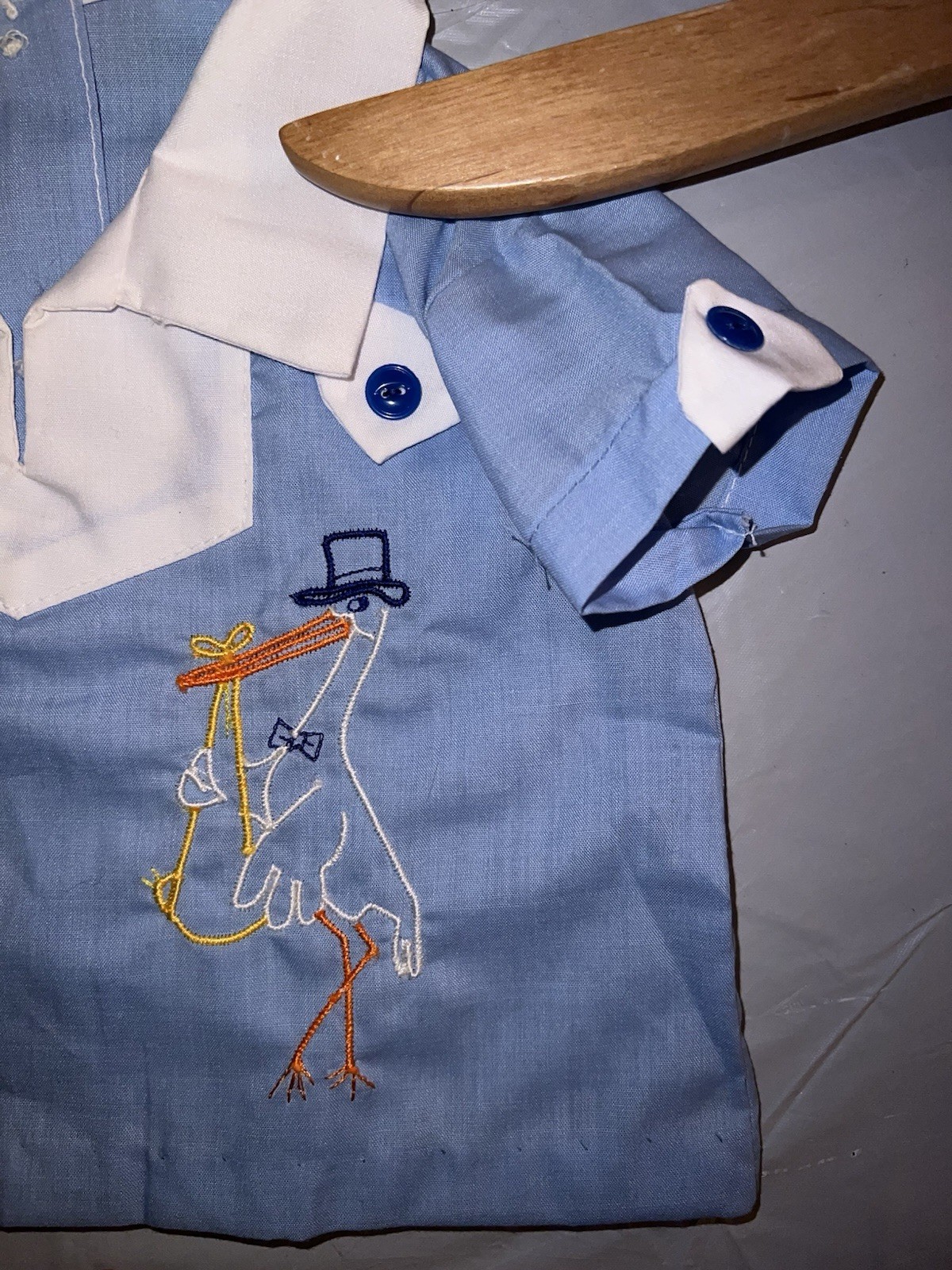 Vintage Baby Boy 2 Pc Easter Set 0-6 Mo Shirt & Plastic Lined Bottom Suit Stork