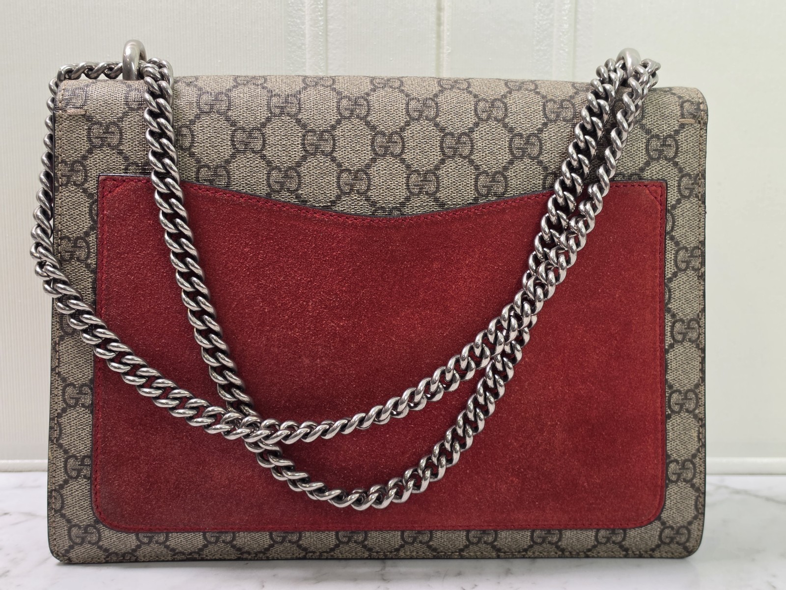 Gucci Dionysus GG Supreme Large Shoulder Bag Beige/Ebony with Red Suede Trim
