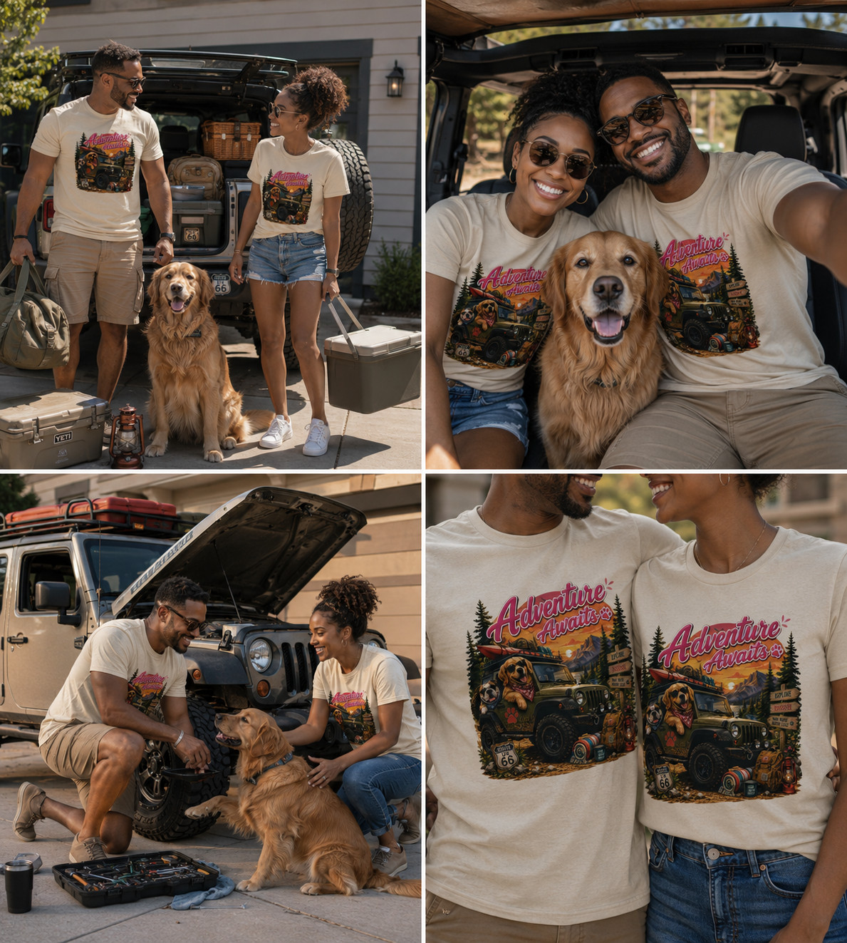 Adventure Awaits Jeep Dog Camping Couple T-Shirt Outdoor Road Trip Gift Tee