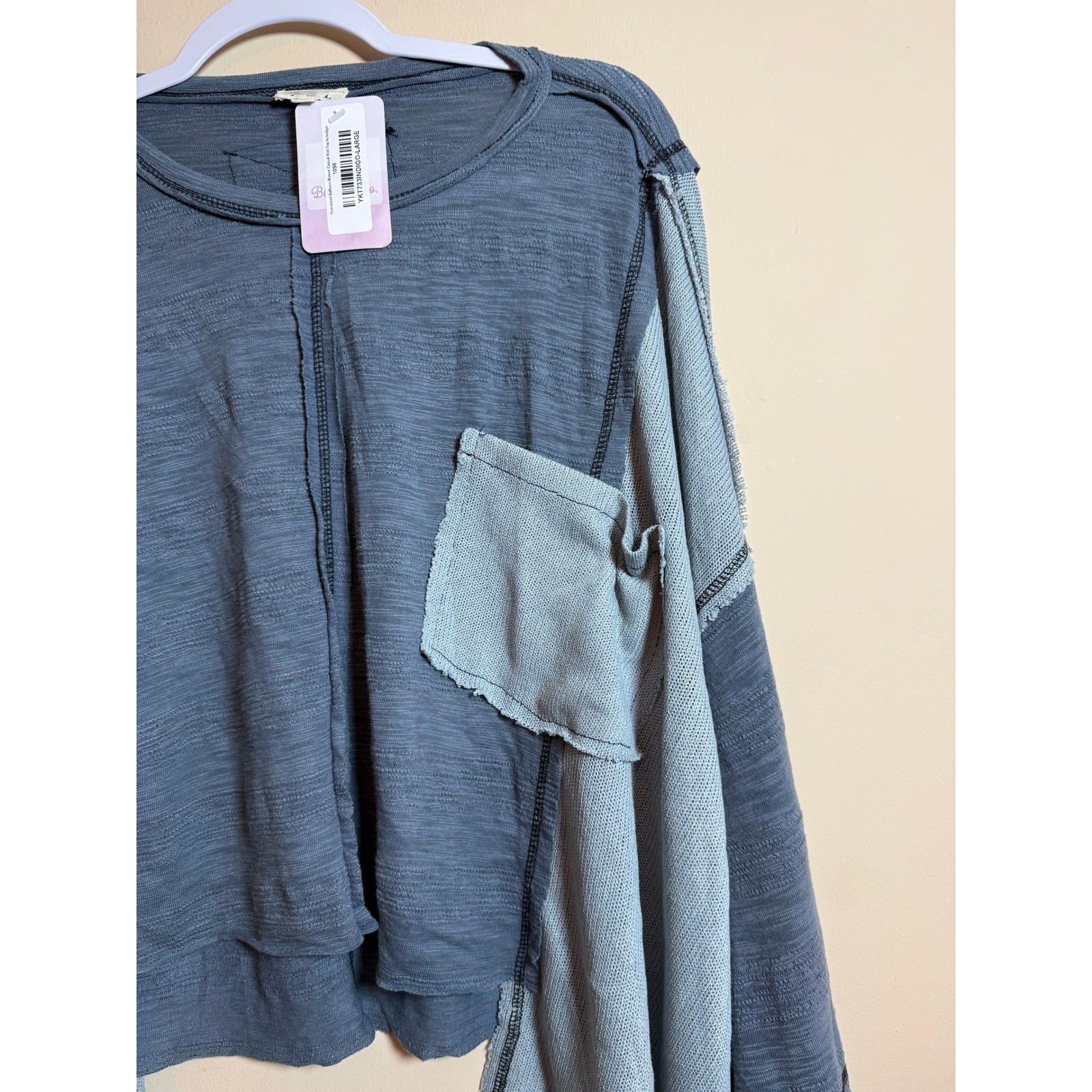 POL Oversized Balloon Sleeve Raw Edge Knit Top Indigo Patchwork Large Boho NEW