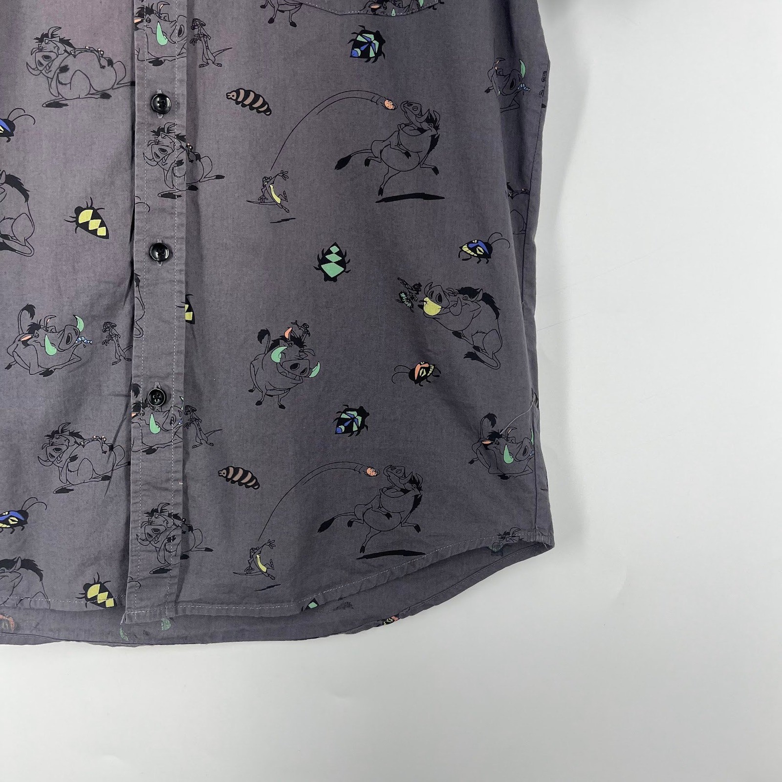 Disney Lion King Timon Pumbaa Button Down Shirt Mens Short Sleeve Woven Size M