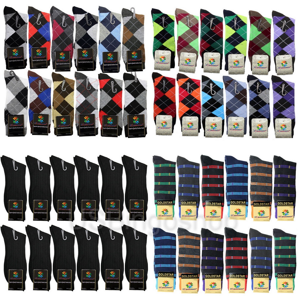 12 Pair New Cotton Men Argyle Striped Rib Black Dot Style Dress Socks Size 10-13