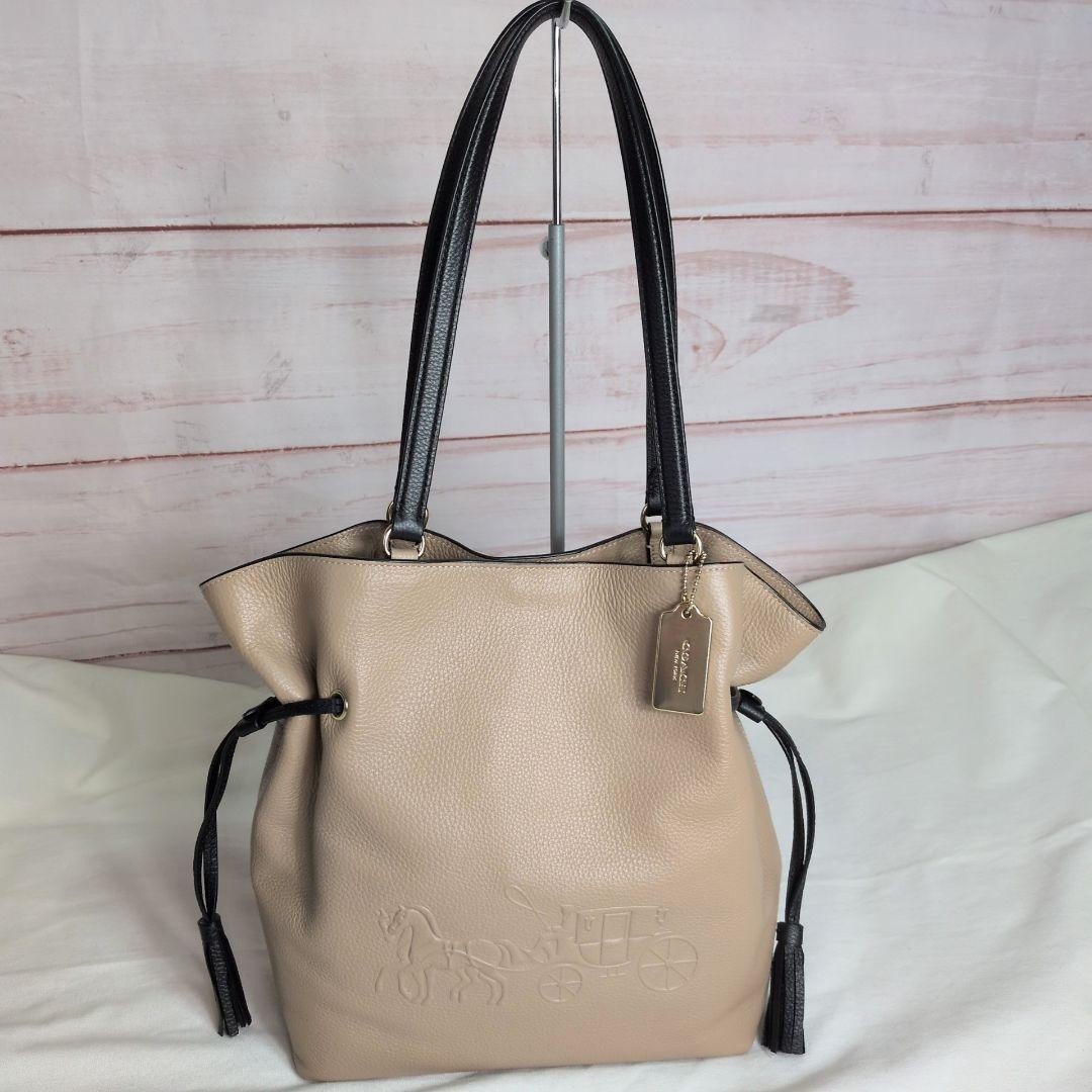 Good condition COACH Andy Tote Shoulder Bag CA165 Leather Beige x Black
