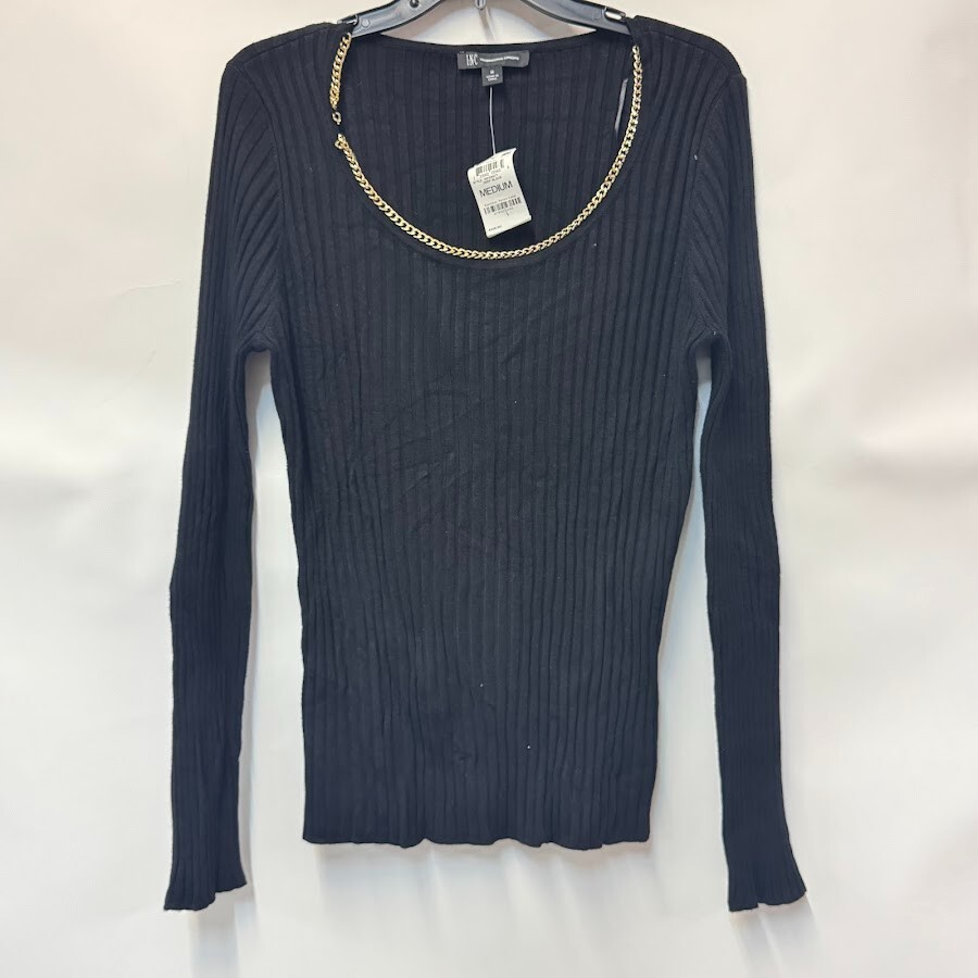 INC Womens M Deep Black Gold Chain Detail Ribbed Scoop Neck Sweater NWD U72