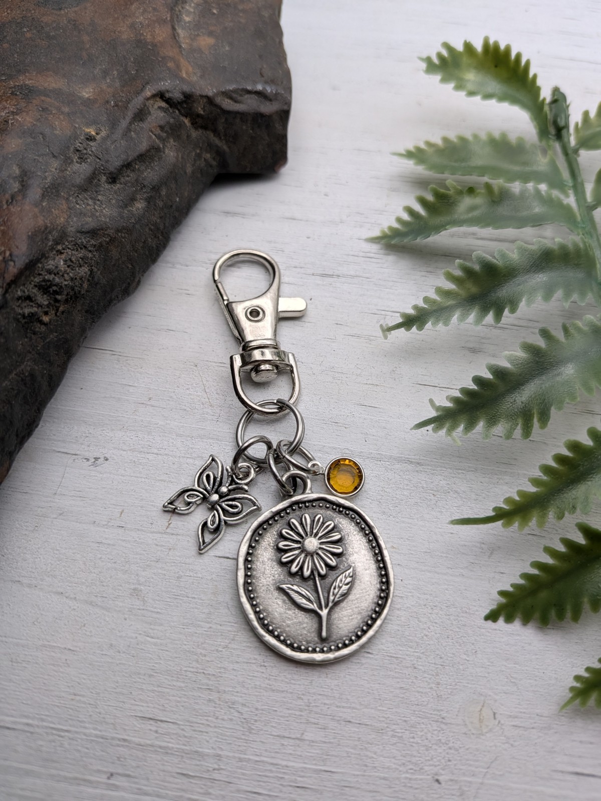 Daisy flower Butterfly Bag Charm / Purse Charm / Nature Keychain Gifts