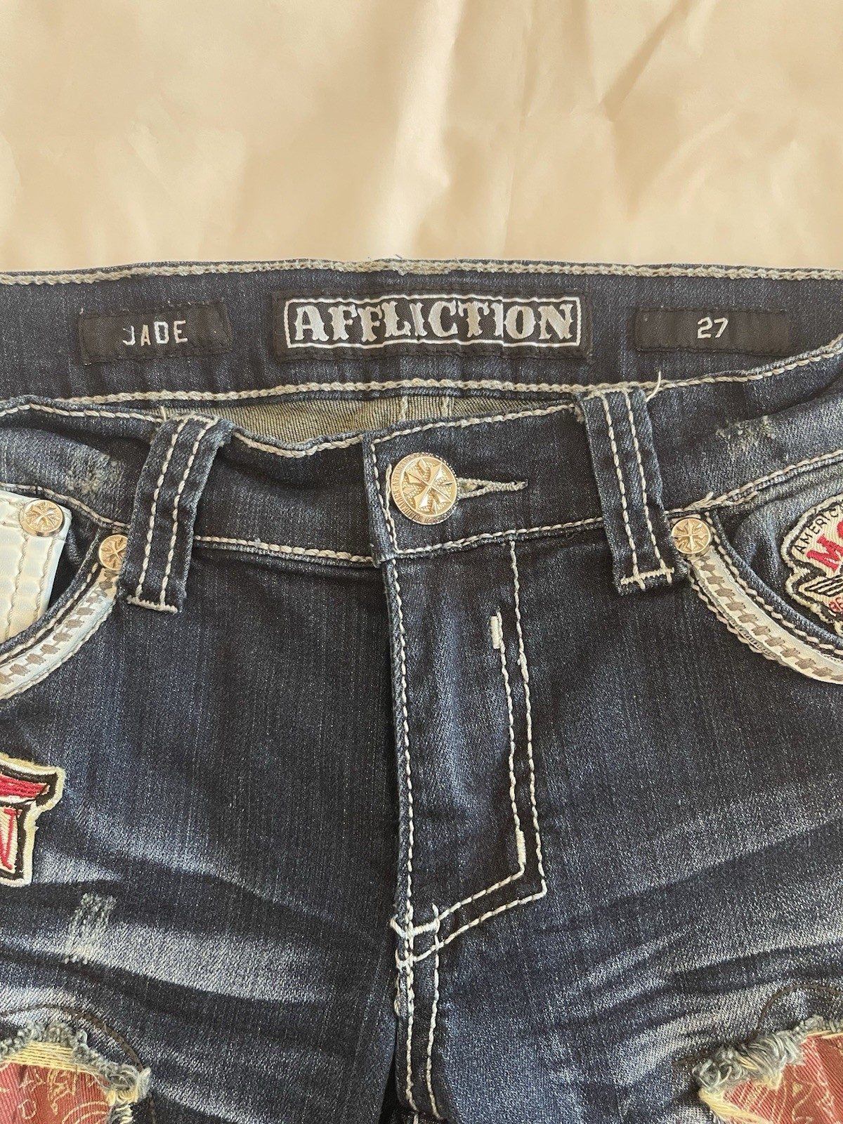 Affliction Jade Embellished Handkerchief Patchwork Jeans Size 27 Mcbling Low Cut