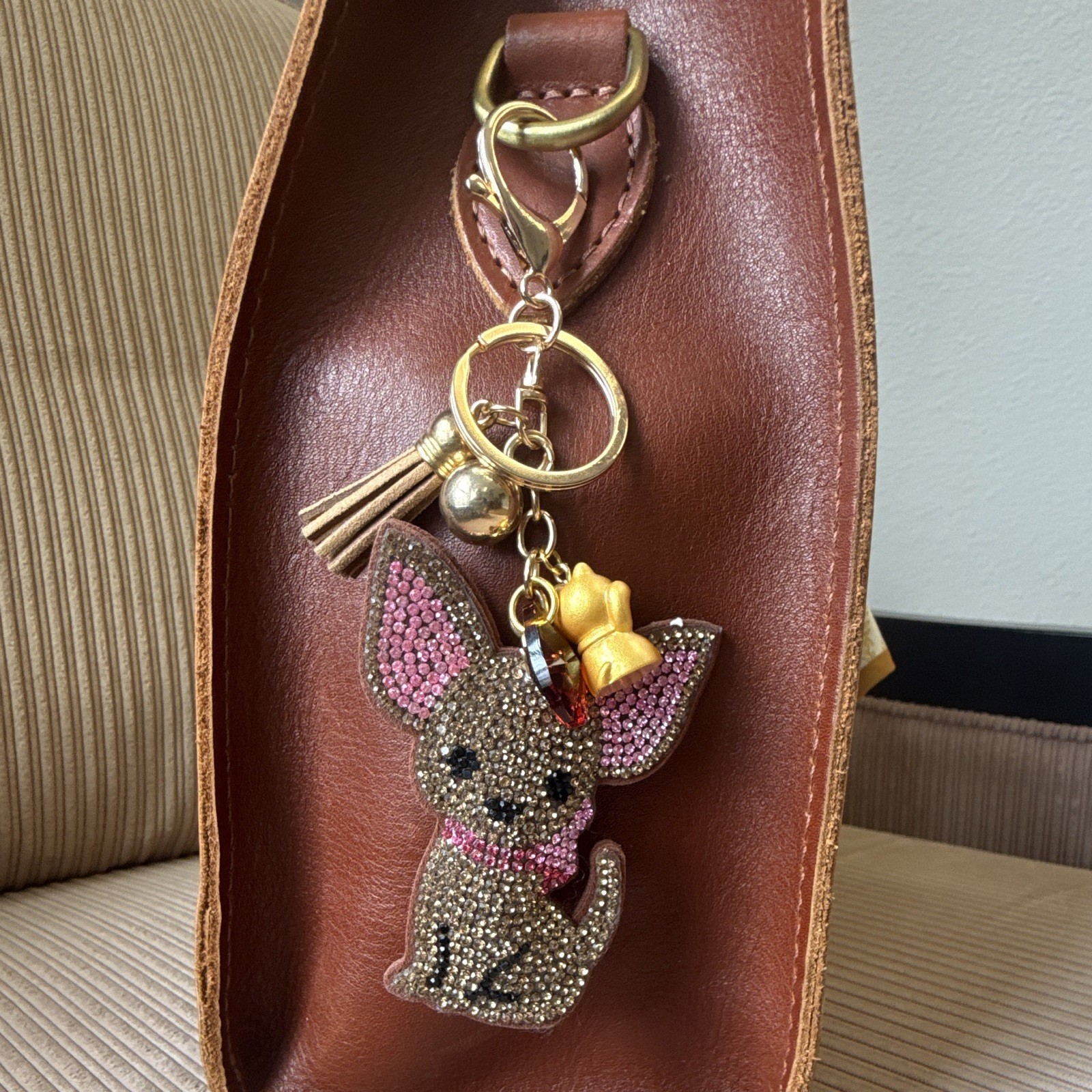 Rhinestone Dog & Maneki-neko Key Chain Bag Charm Tassel Clip 6in Gold Pink